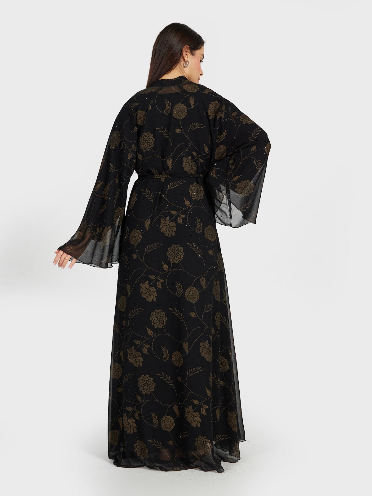 Luxury Gold Floral Print Black Abaya with Sheer Bell Sleeves