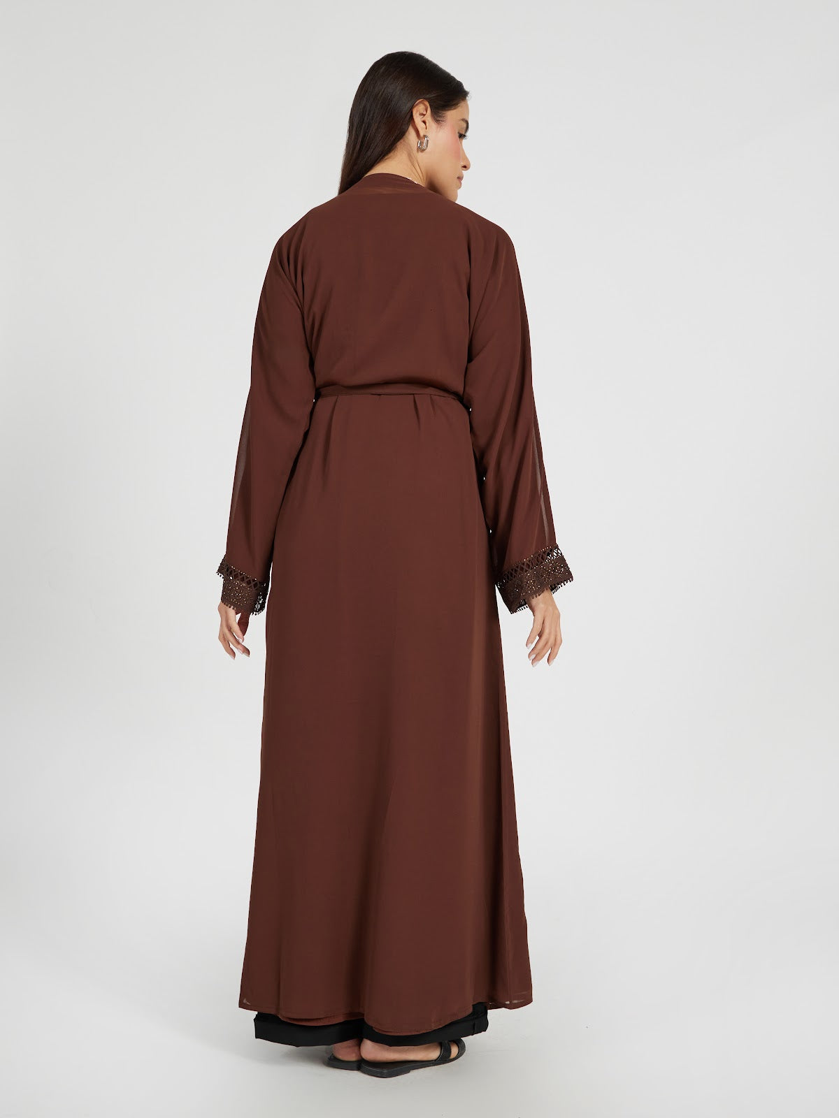 Deep Coffee Brown Modest Abaya Set with Intricate Embroidery & Belt