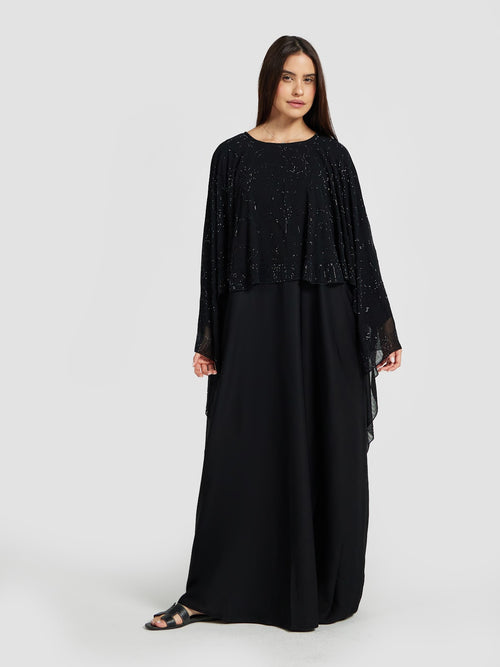 Black Cape Style Abaya with Intricate Sequin Overlay