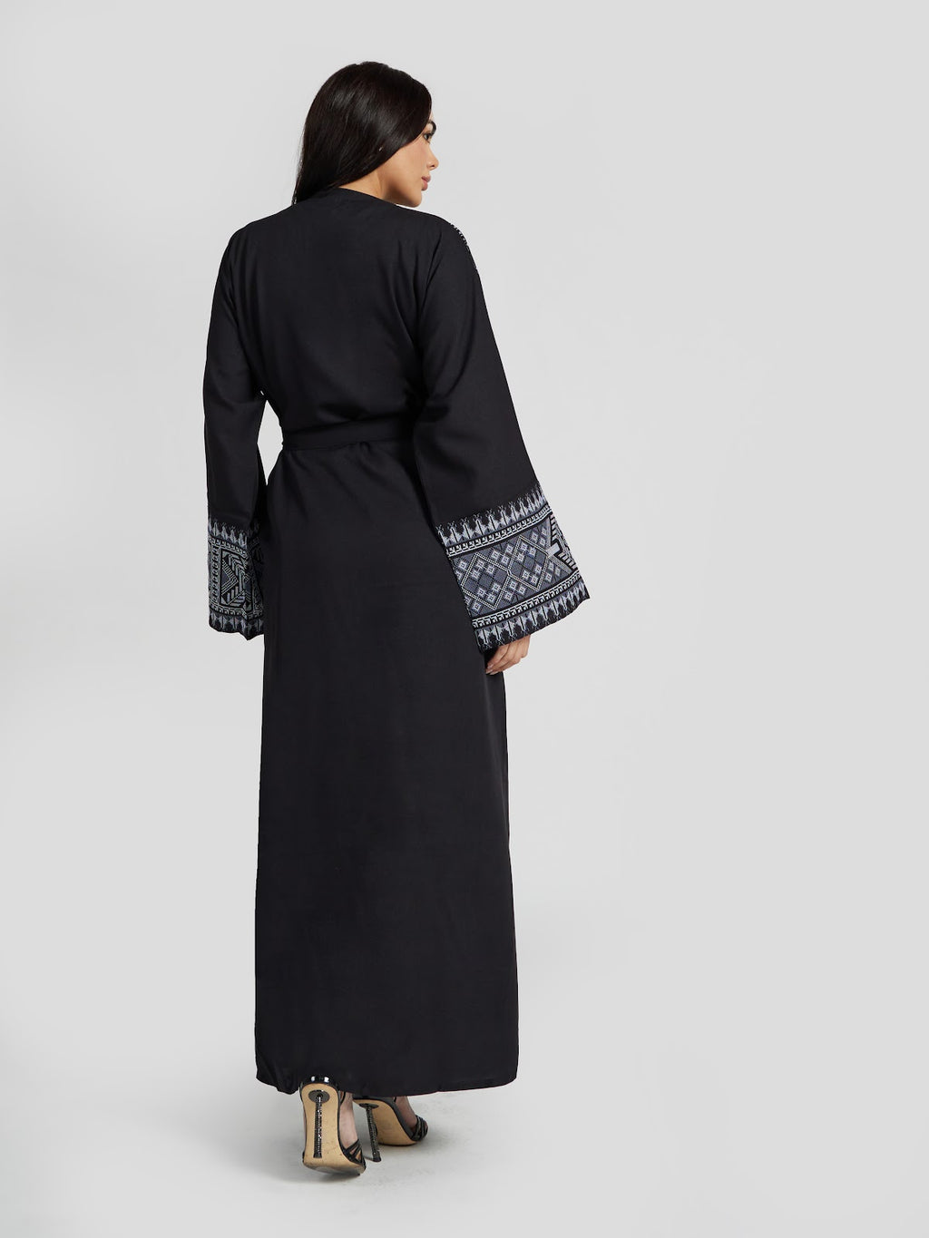 Women's Tribal Geometric Embroidered Abaya - Black & Blue Modest Kaftan