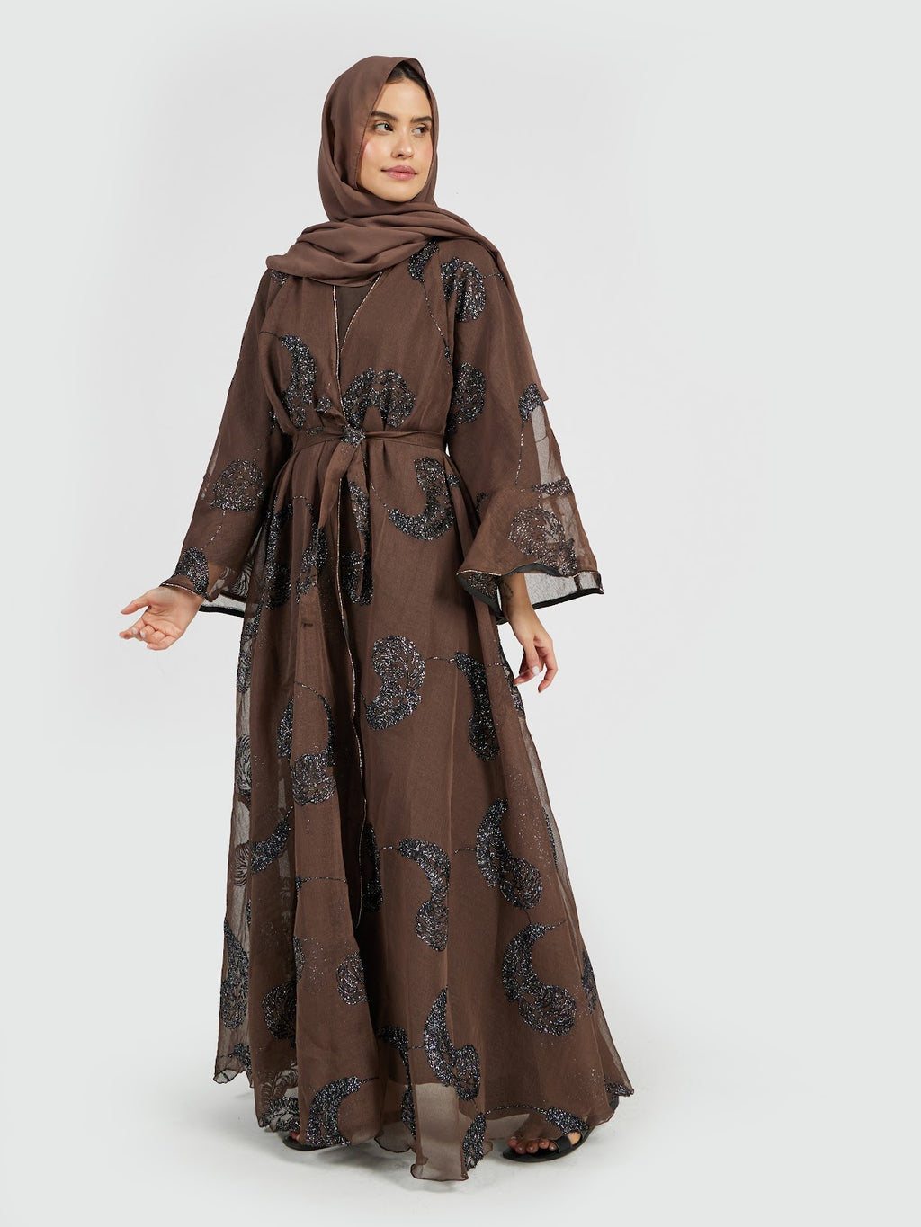 Earthy Bronze Marble Print Organza Abaya with Sequin Accents