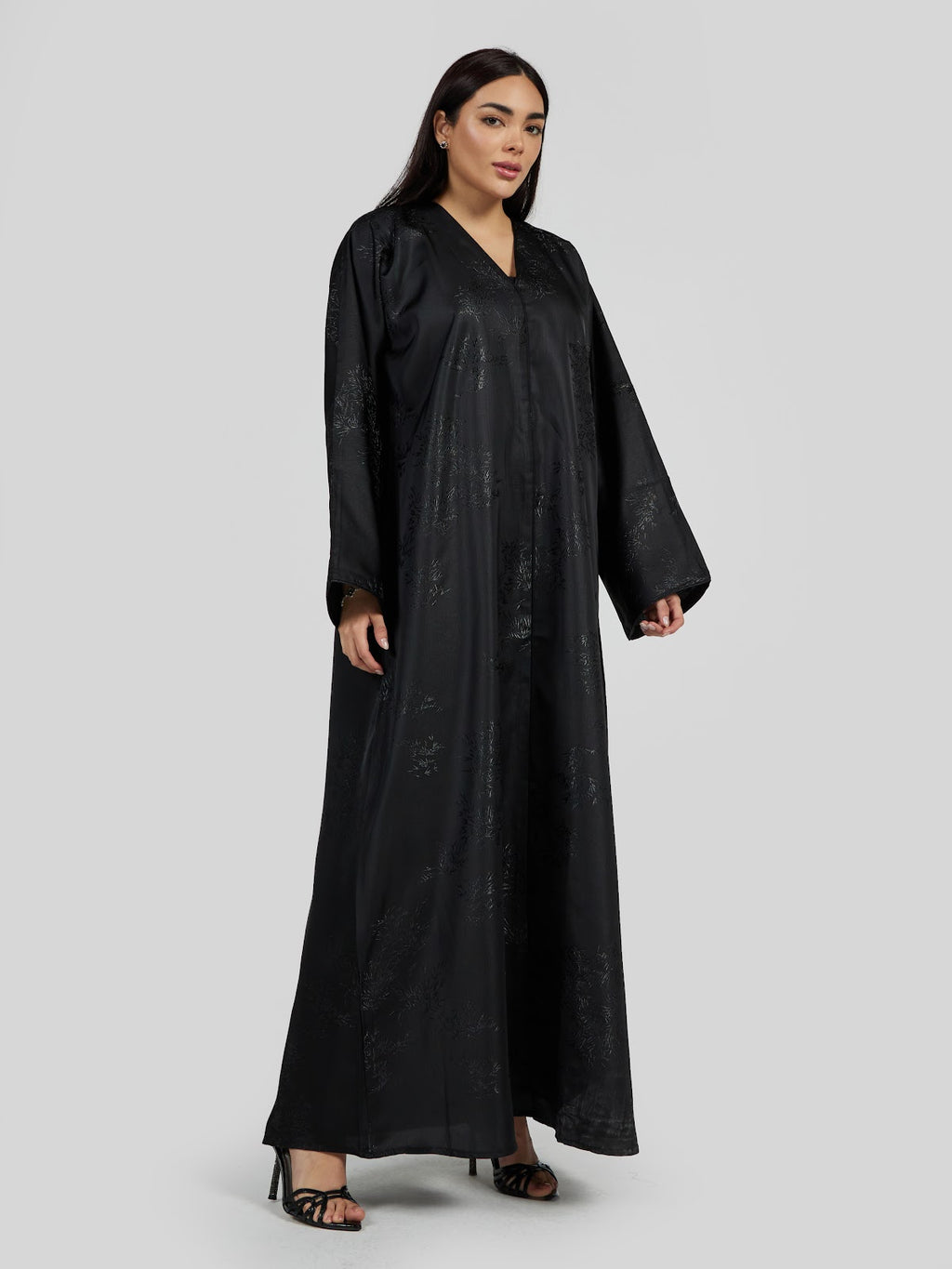 Midnight Black Tonal Floral Jacquard Abaya - Elegant Daily Wear