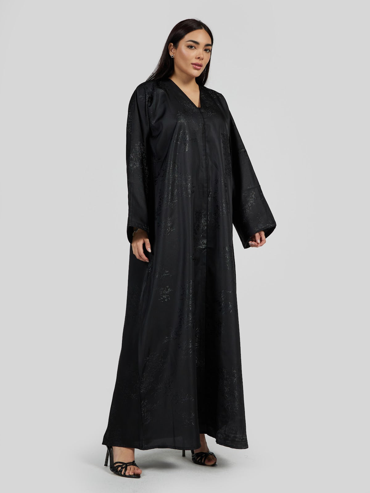 Midnight Black Tonal Floral Jacquard Abaya - Elegant Daily Wear