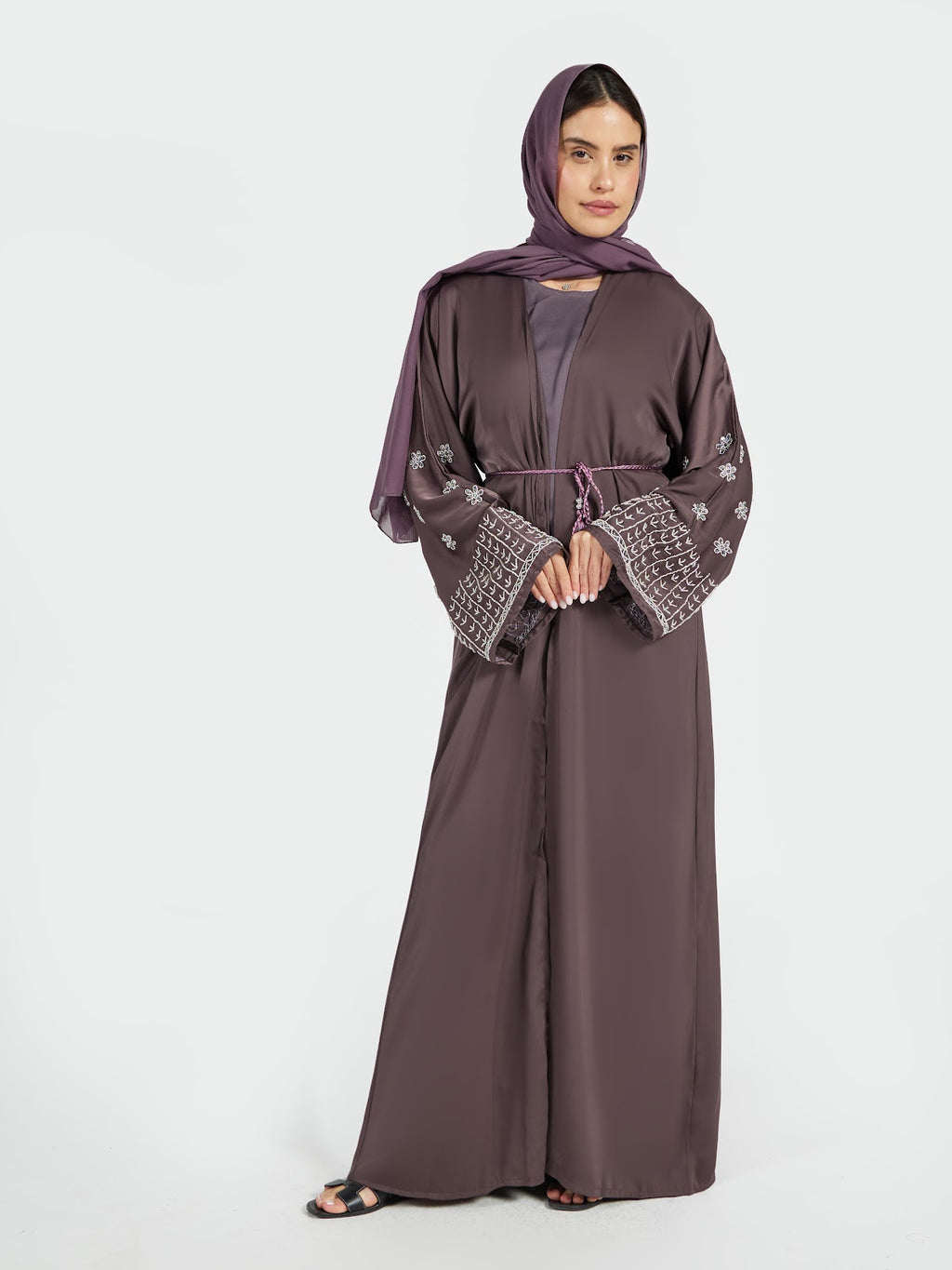 Mauve-Brown Embroidered Abaya with Intricate Cuff Detail