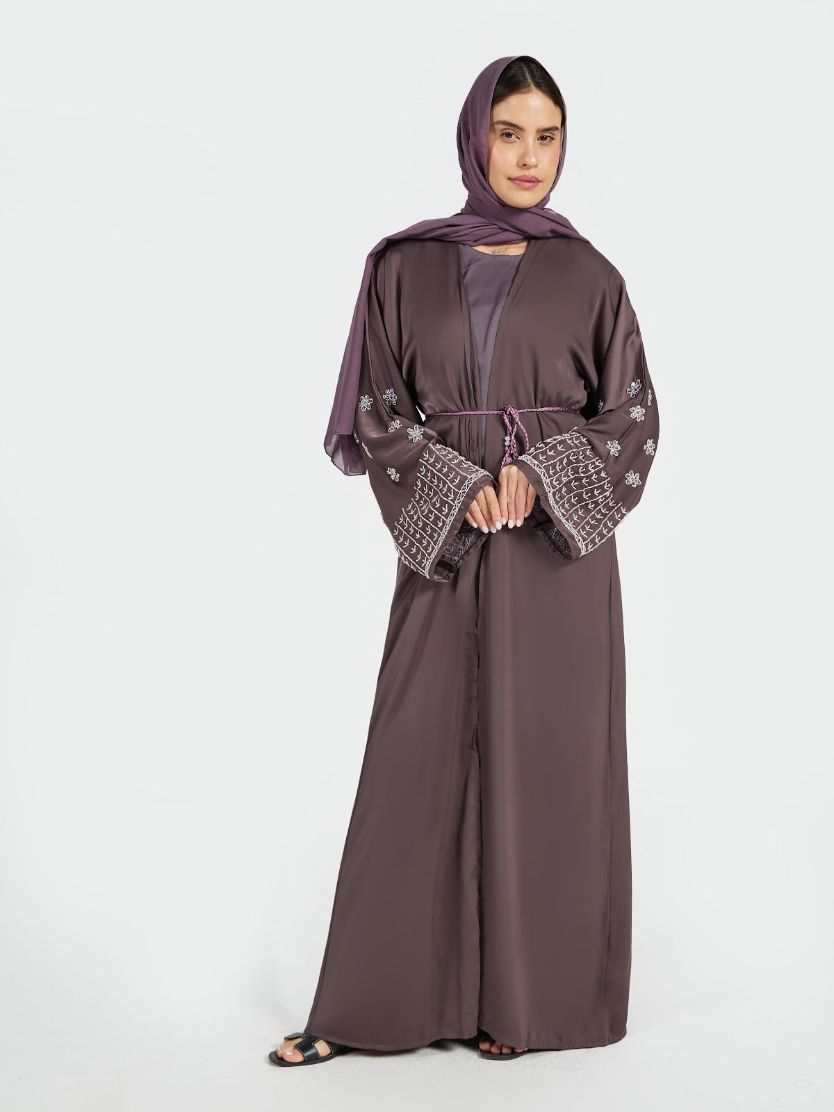Mauve-Brown Embroidered Abaya with Intricate Cuff Detail