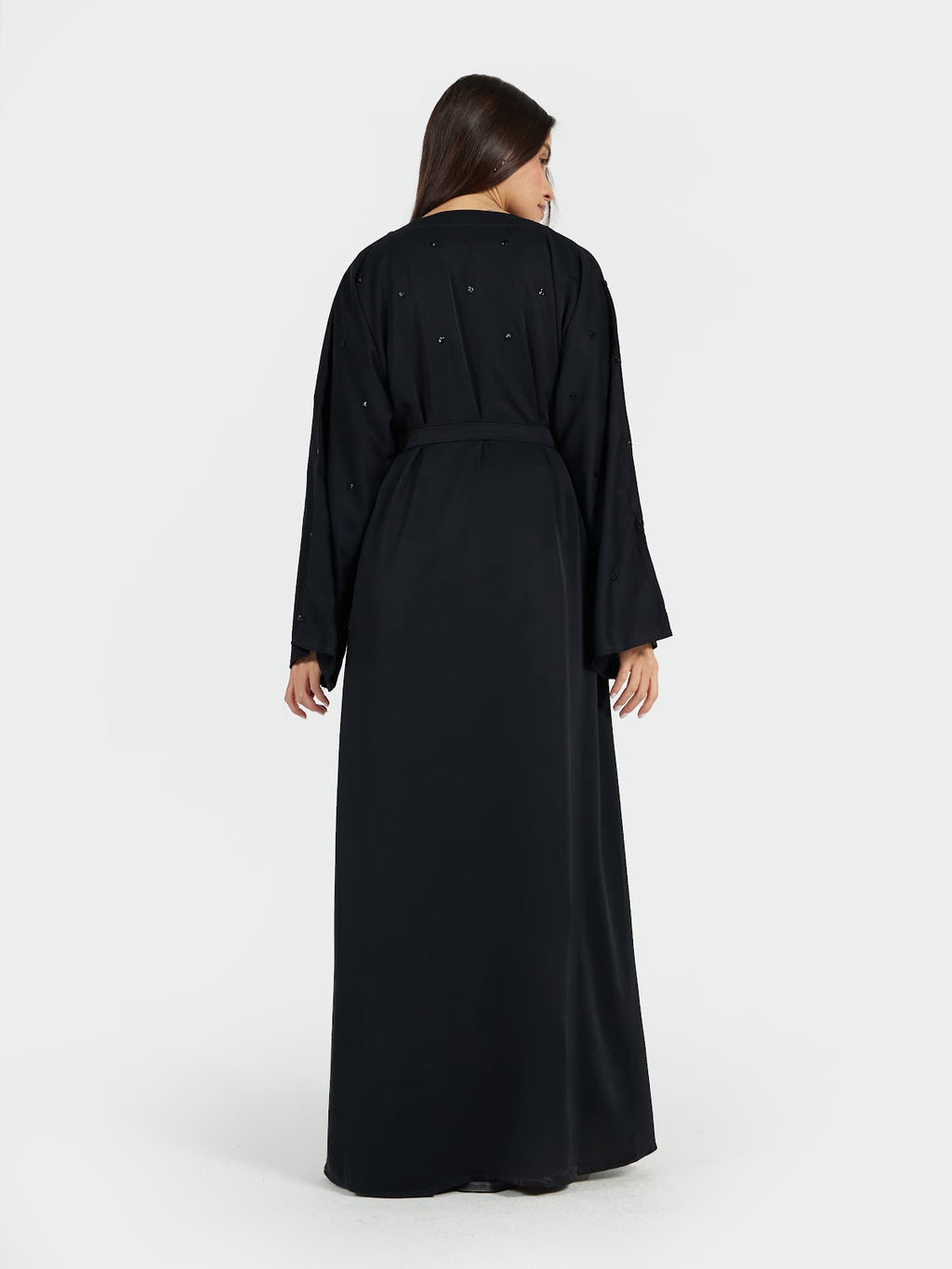 Minimalist Black Belted Abaya with Subtle Beadwork