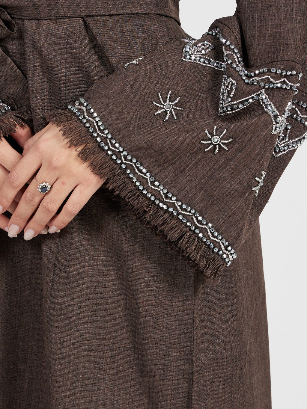 Women’s Chocolate Brown Linen Abaya - Embroidered Modest Long Cardigan