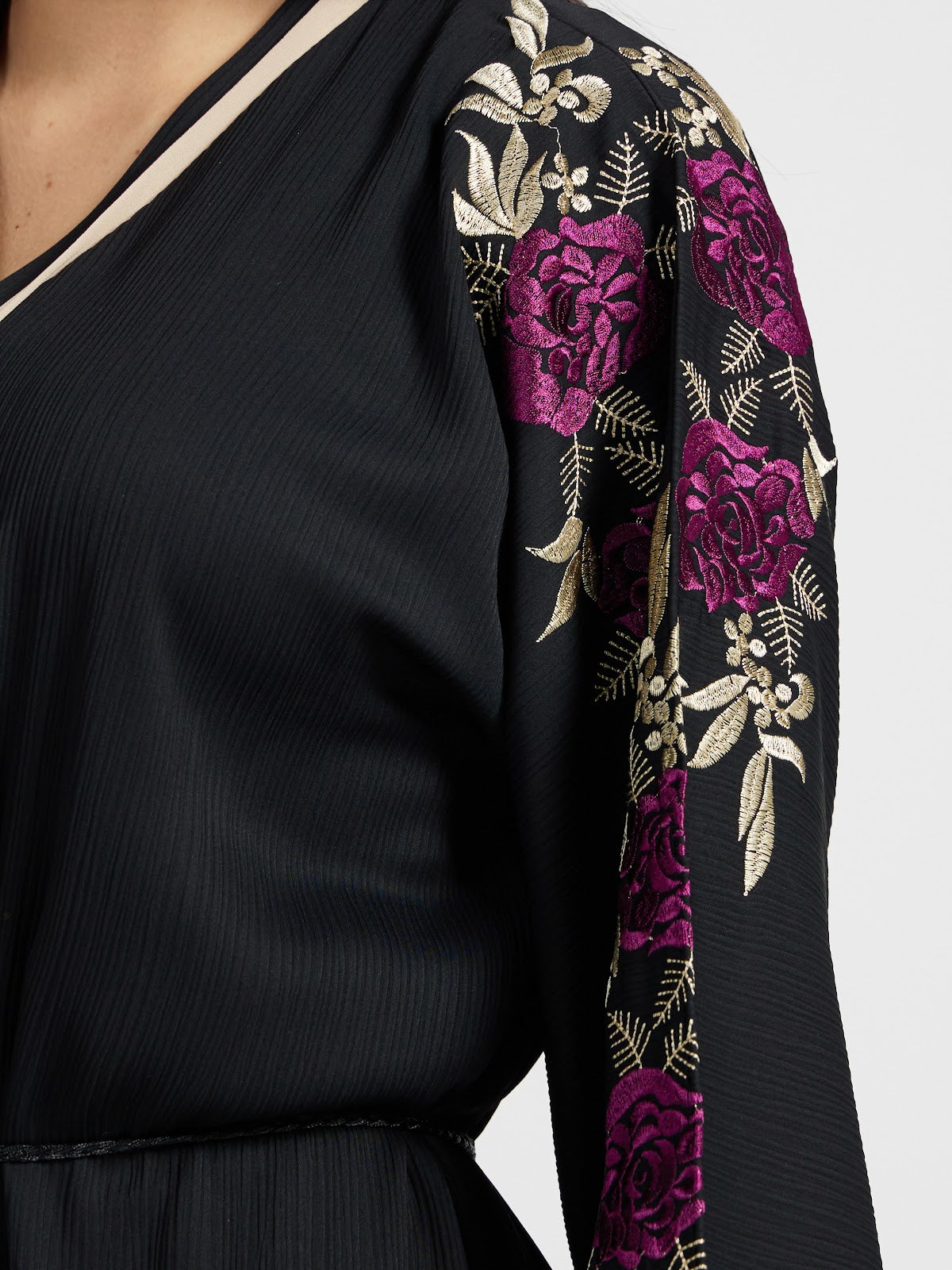 Magenta Rose Embroidered Black Abaya Set
