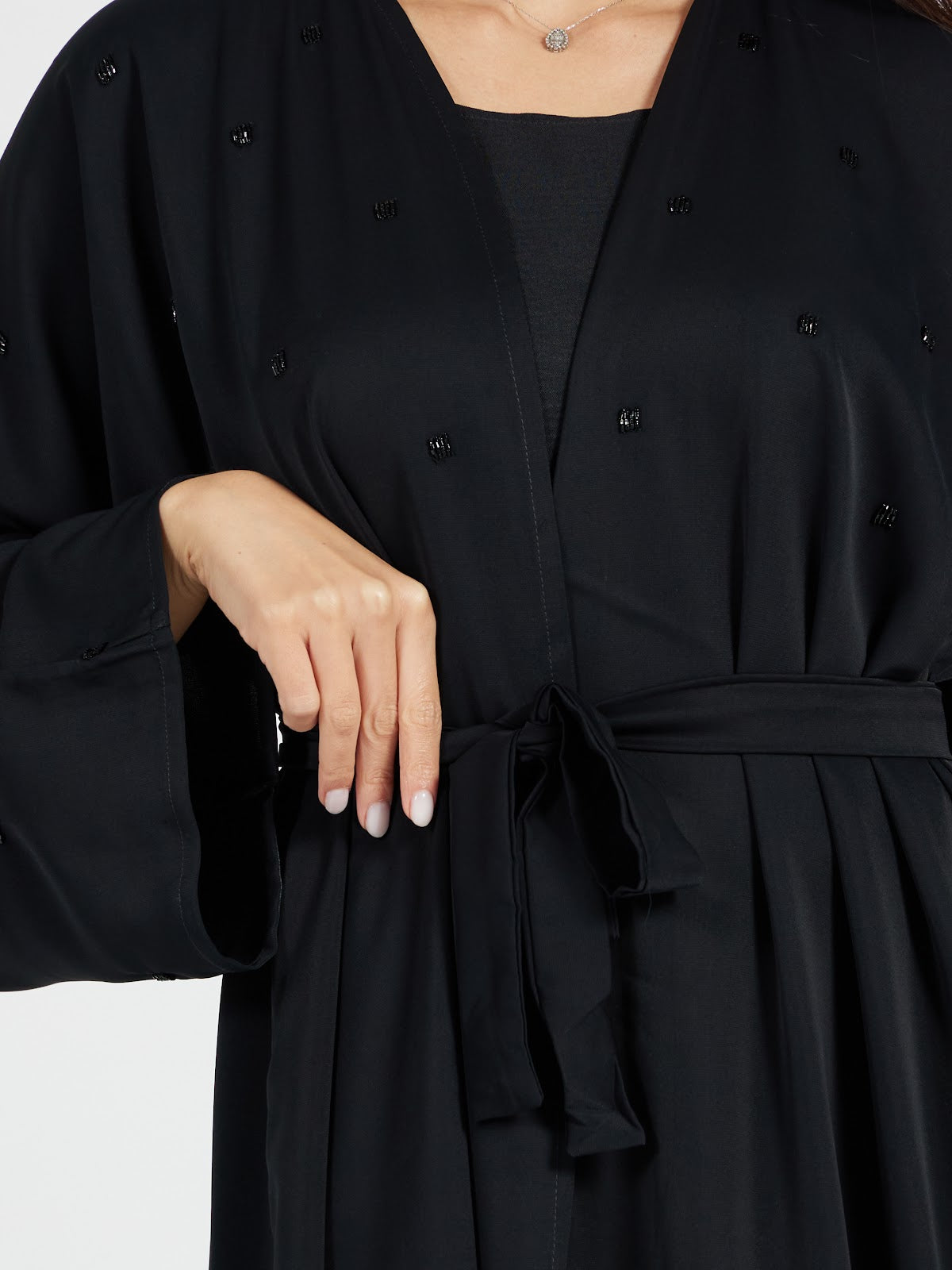 Minimalist Black Belted Abaya with Subtle Beadwork
