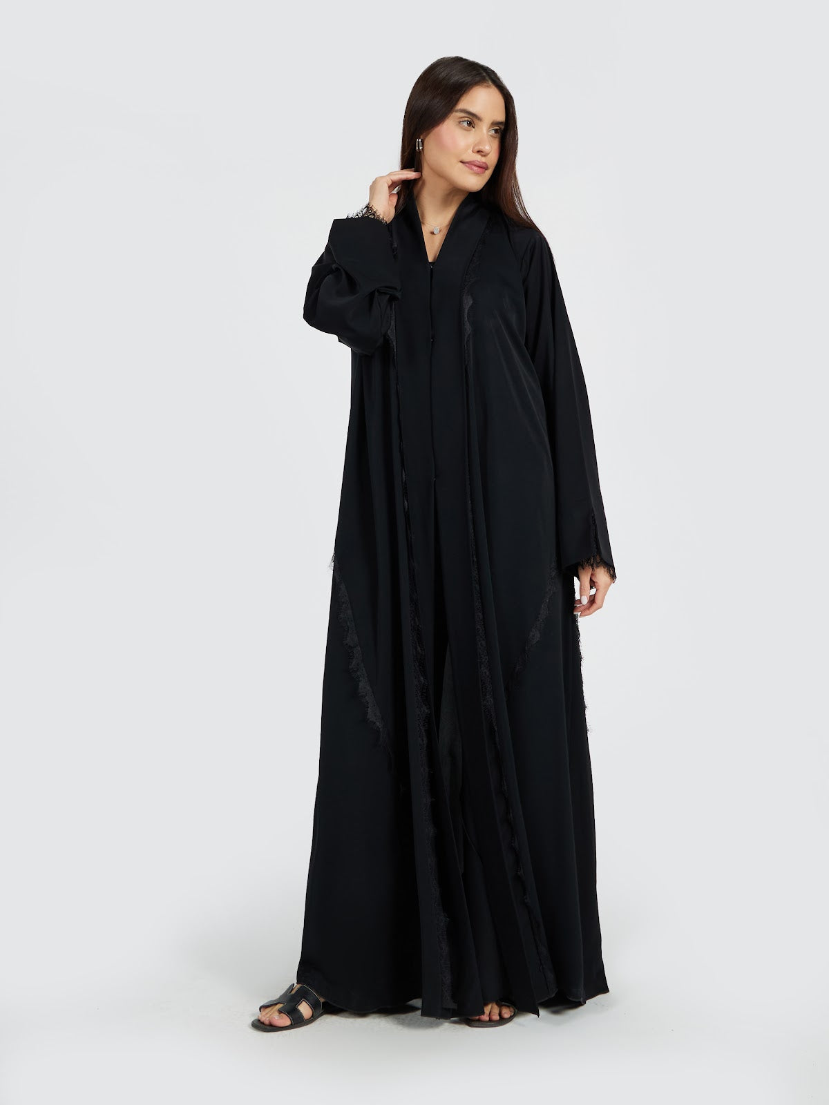 V-Neck Layered Abaya with Eyelash Lace Trim