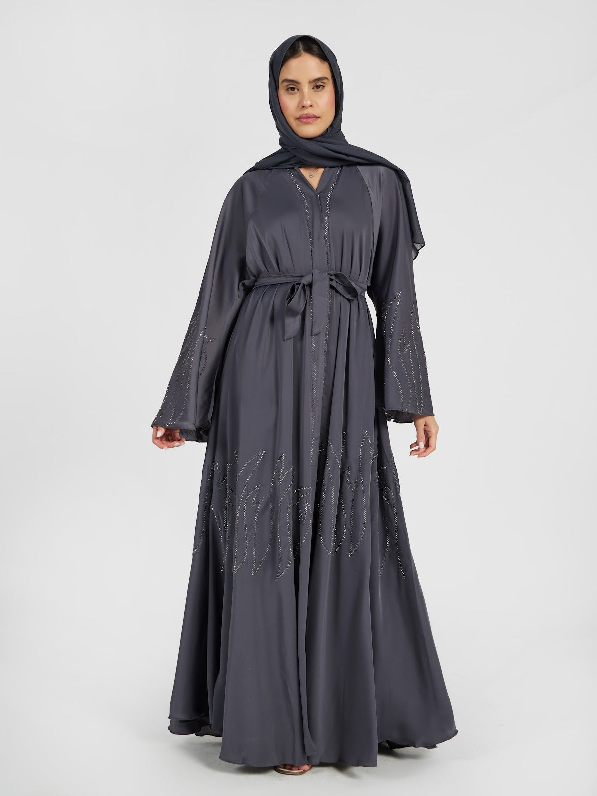 Charcoal Grey Satin Abaya with Vertical Sequin Drip Embroidery