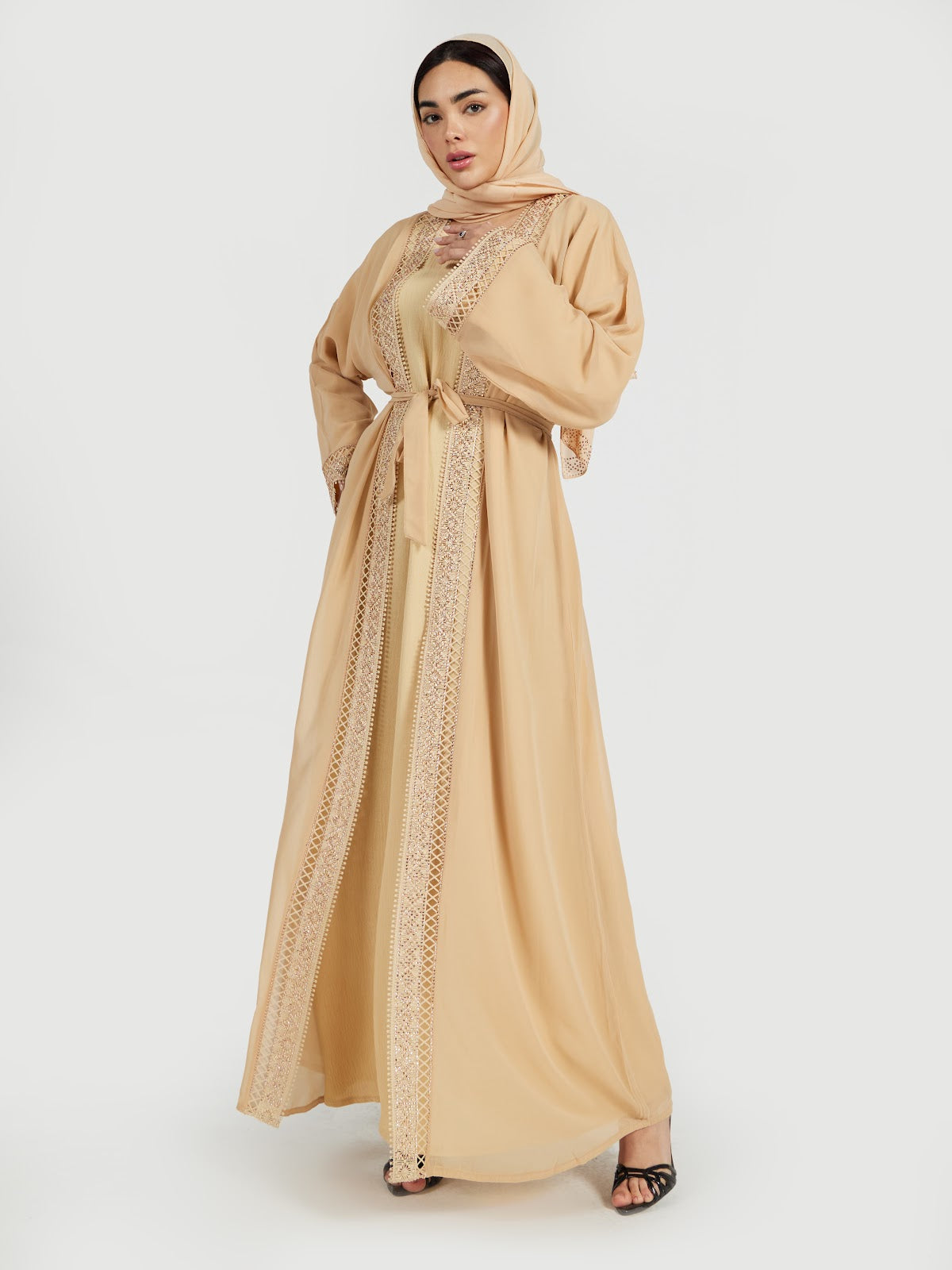 Women's Lattice Lace Trim Abaya with Matching Inner Dress and Hijab - 3 Piece Set