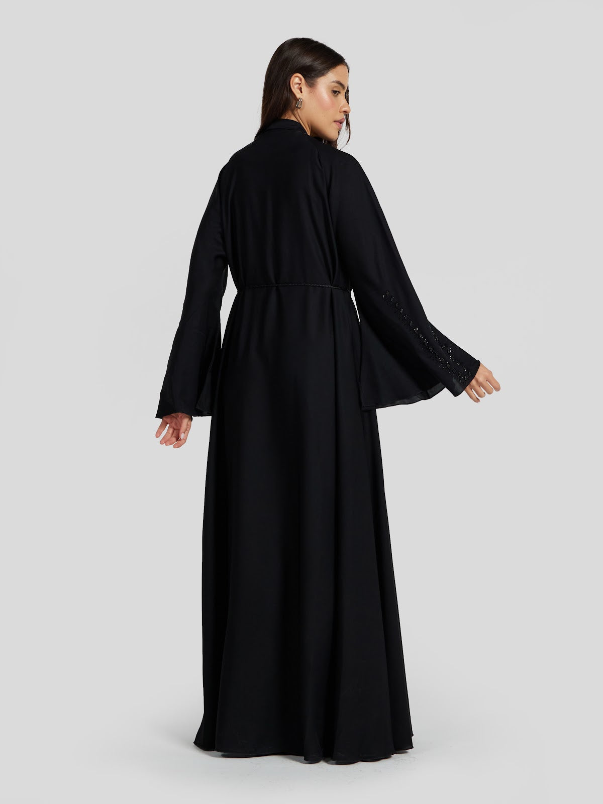 Elegant Black Beaded Abaya with Tassel Waist Belt