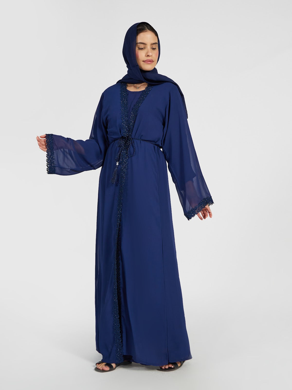Elegant Royal Blue Chiffon Abaya with Beaded Lace Trim & Waist Tie