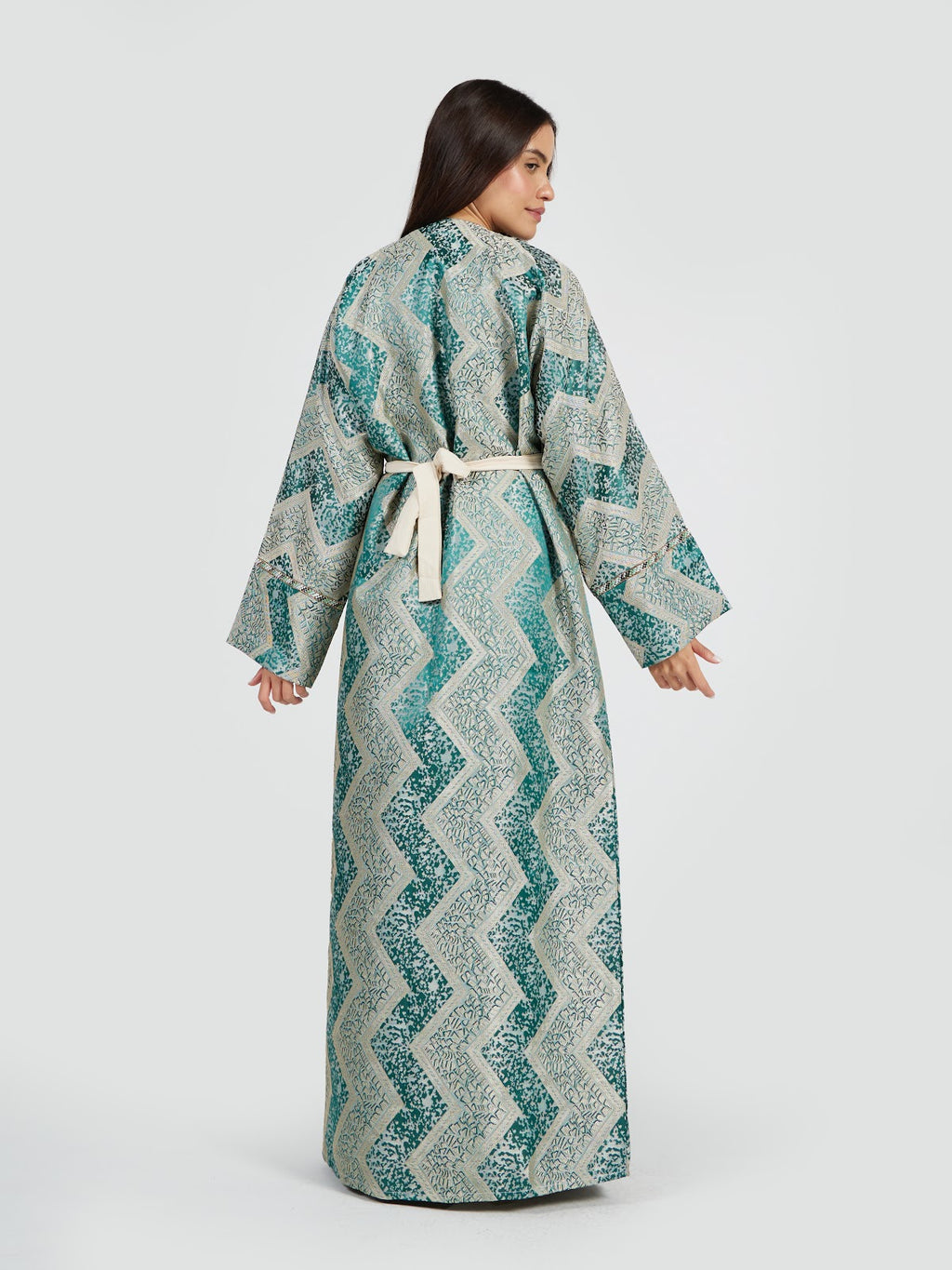 Elegant Geometric Jacquard Open Front Abaya with Belt