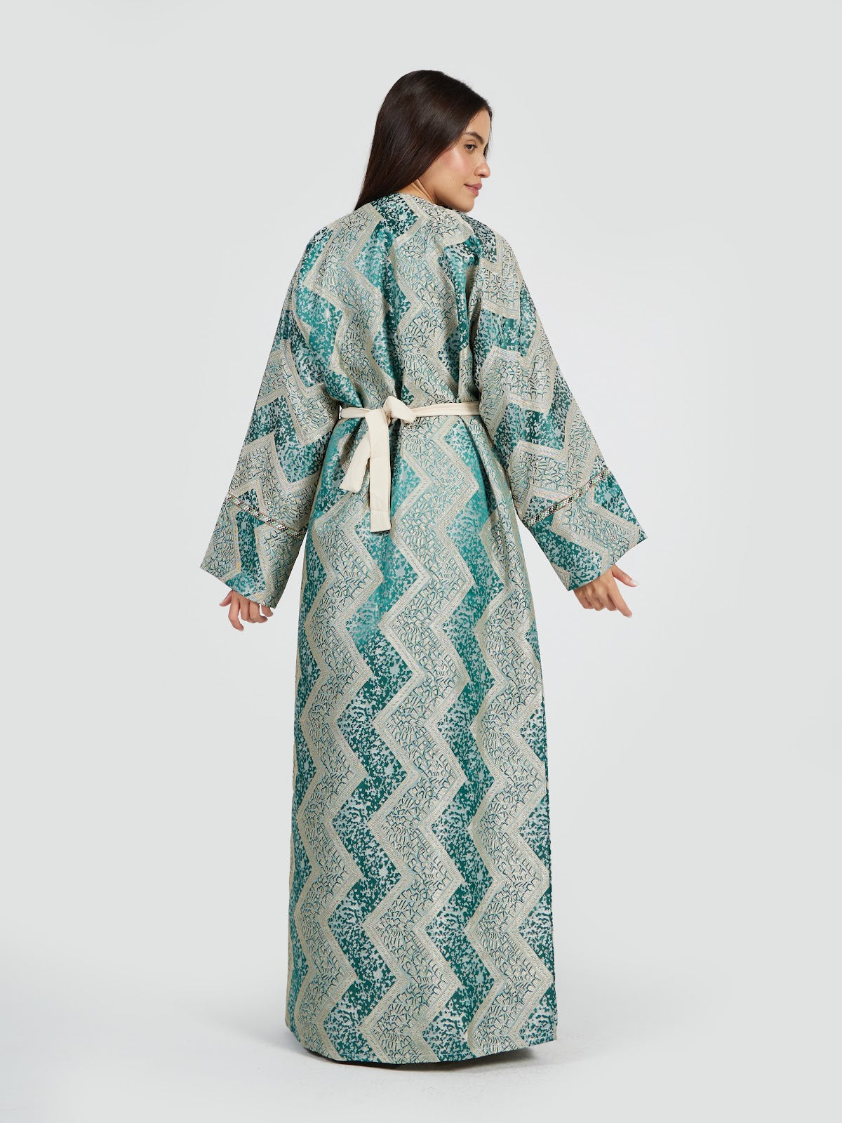 Elegant Geometric Jacquard Open Front Abaya with Belt