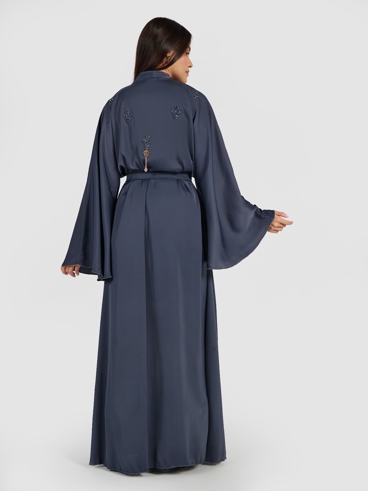 Deep Charcoal Grey Beaded Abaya with Wide Sleeves