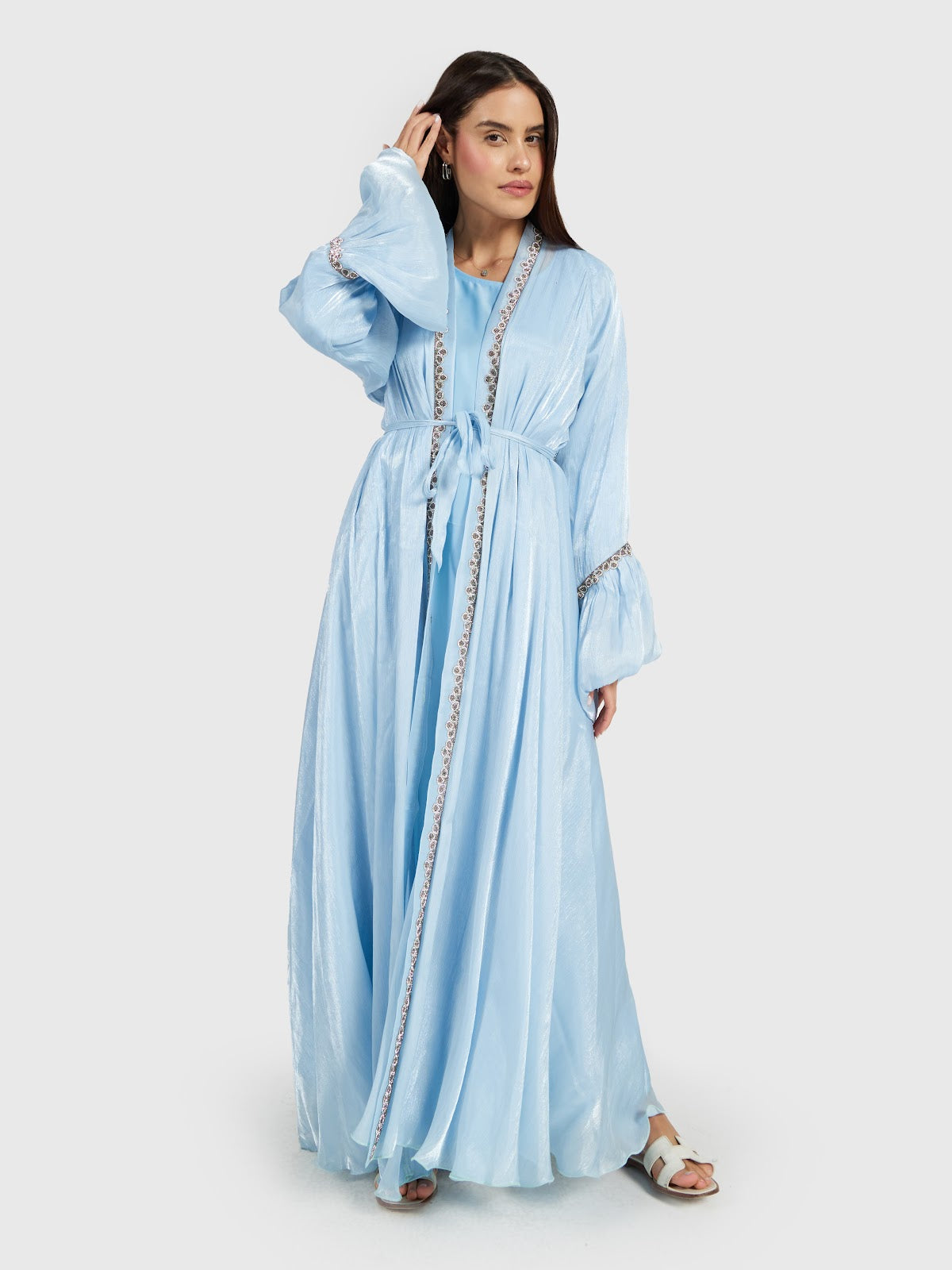 Sky Blue Shimmer Abaya Set with Beaded Bell Sleeves and Belt