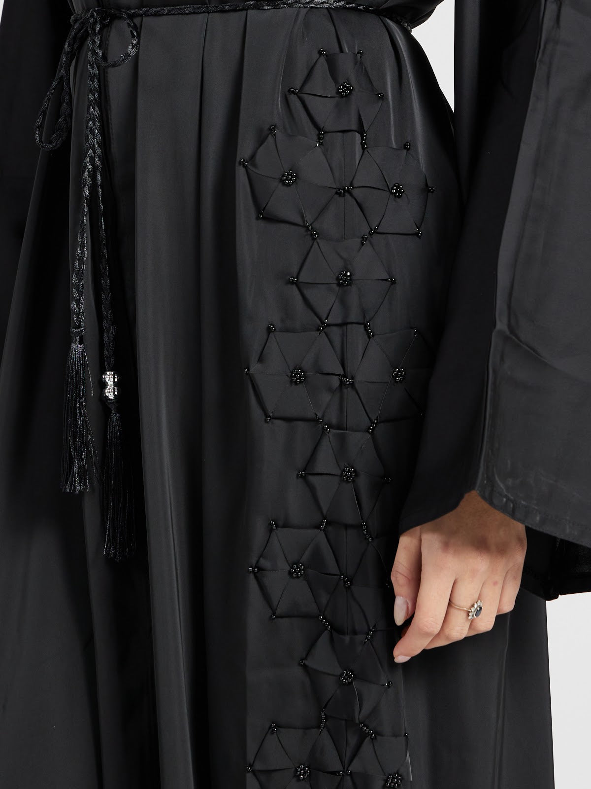 Black Geometric Beaded Abaya with Braided Belt