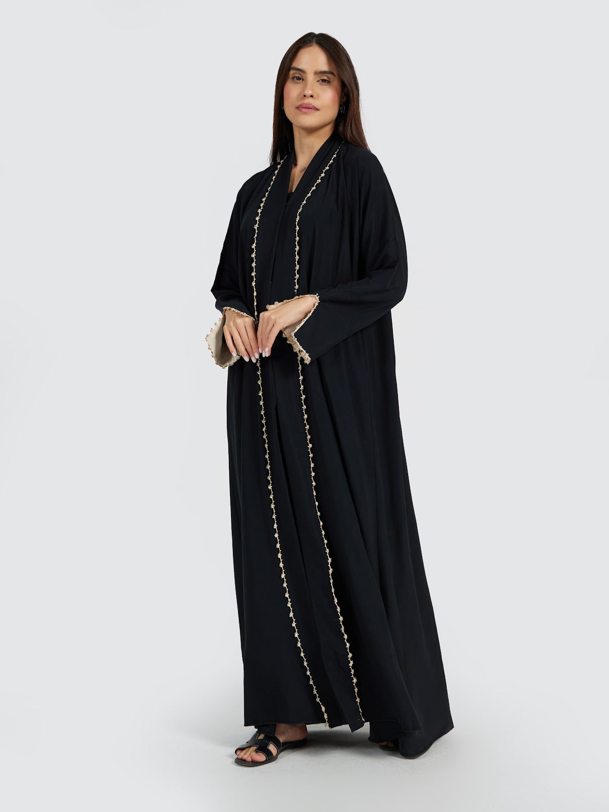 Gold Bead Trimmed Open Front Abaya
