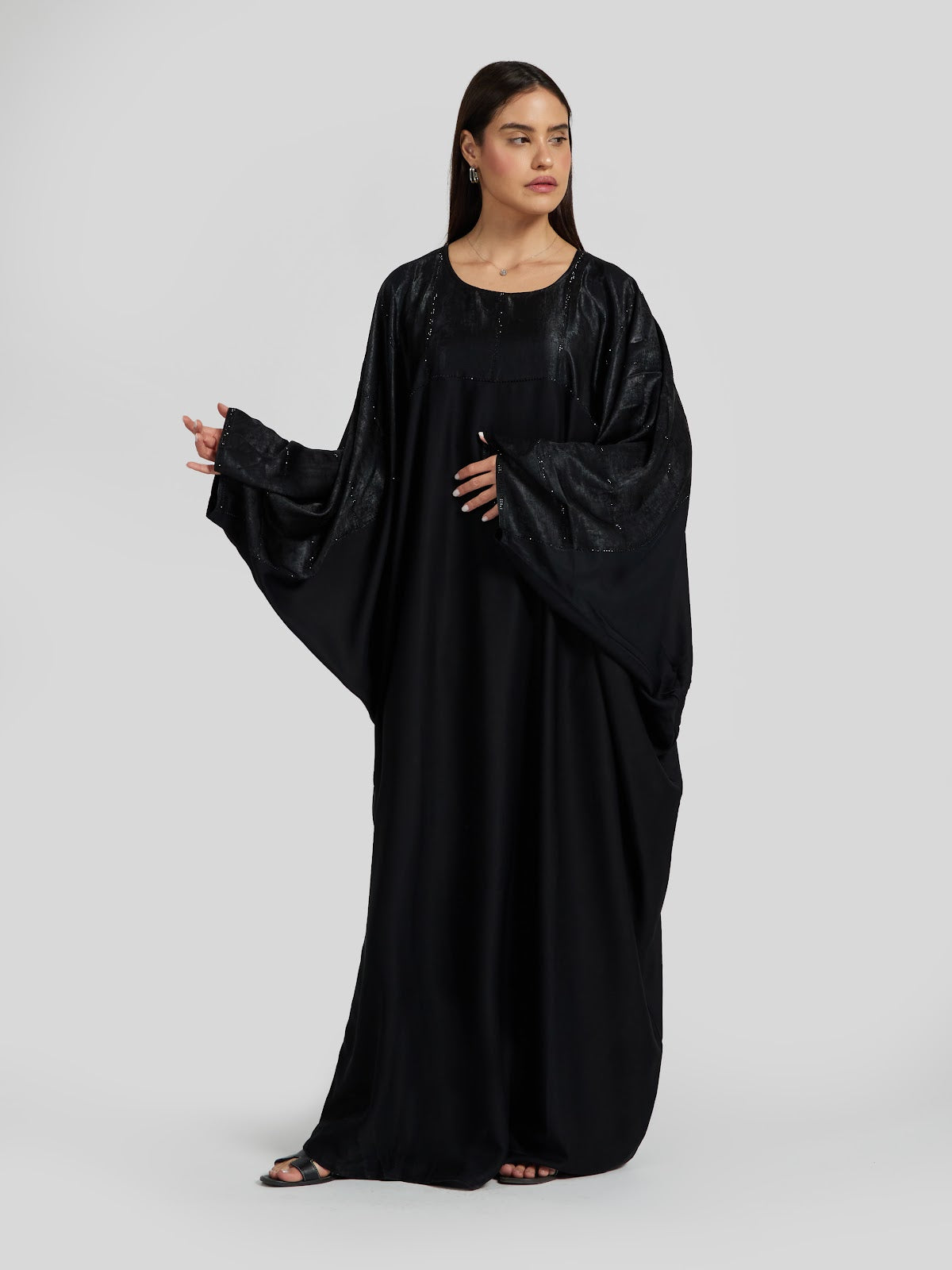 Black Textured Batwing Abaya with Subtle Sparkle