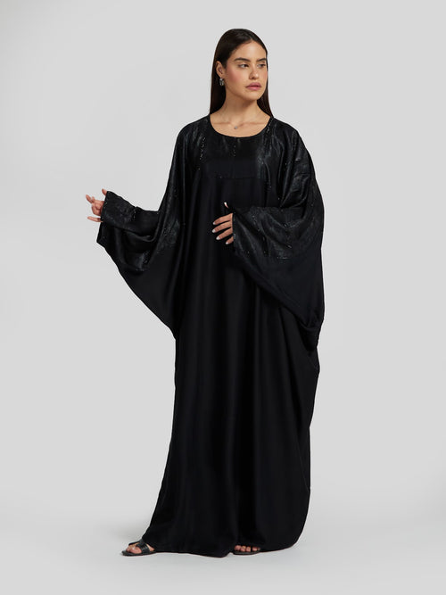 Black Textured Batwing Abaya with Subtle Sparkle