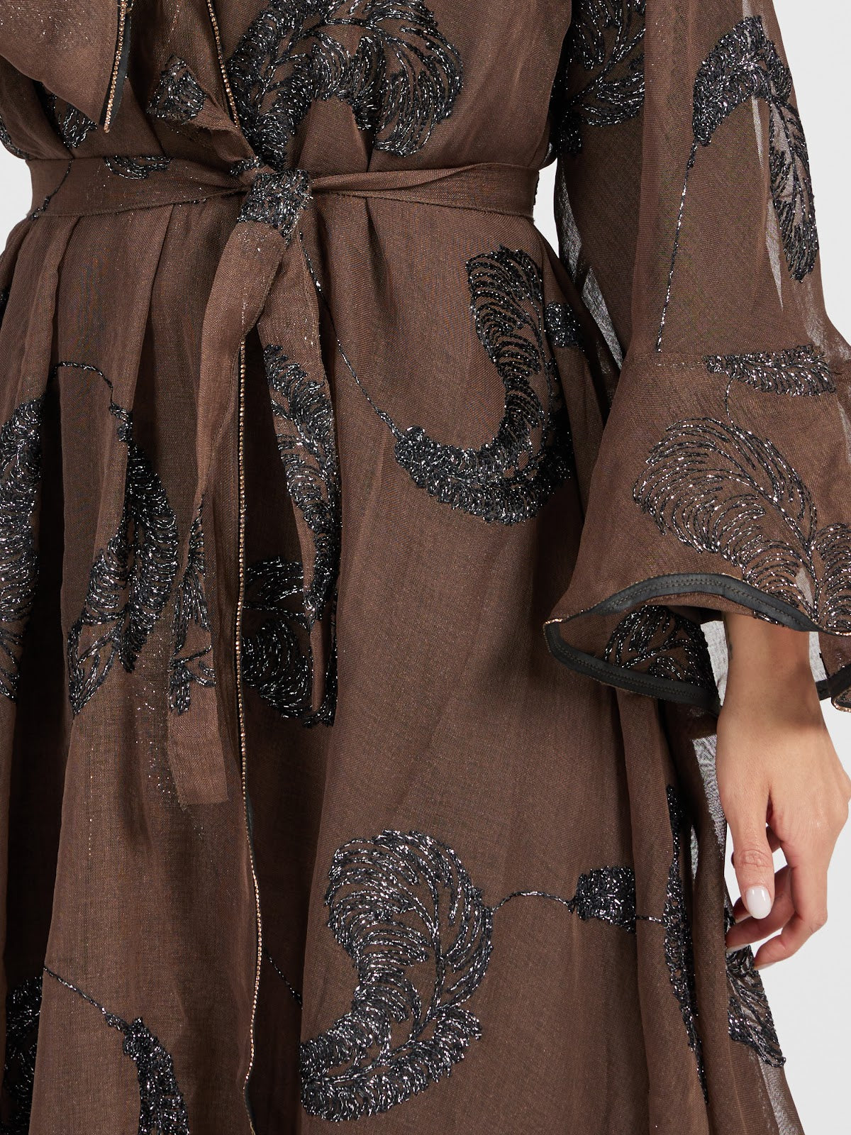 Earthy Bronze Marble Print Organza Abaya with Sequin Accents