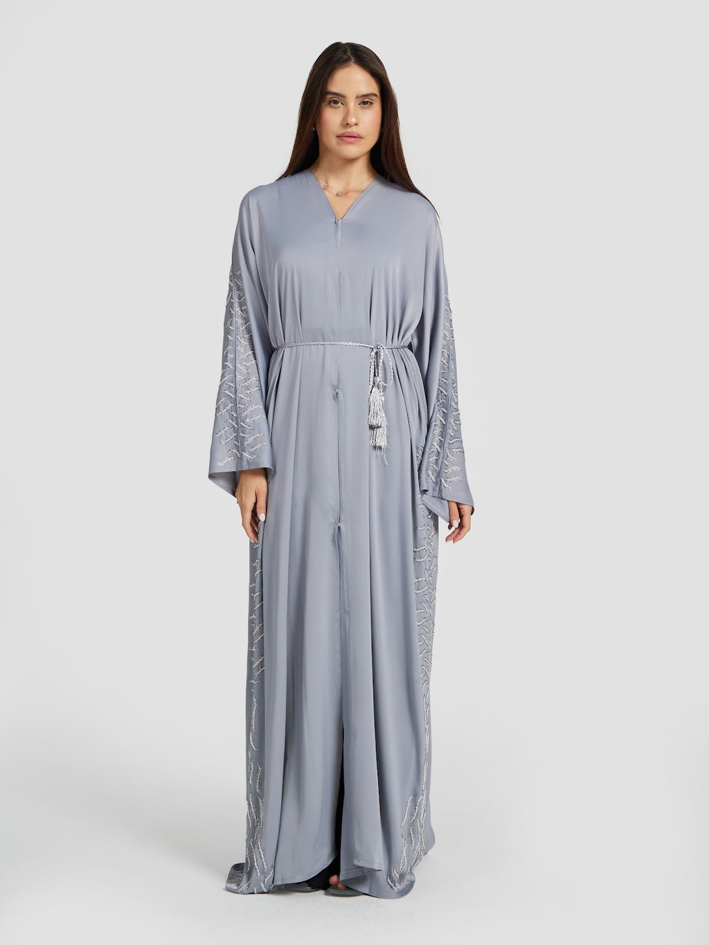 Soft Grey Floral Embroidered Abaya - Modern Modest Kaftan with Tassel Belt