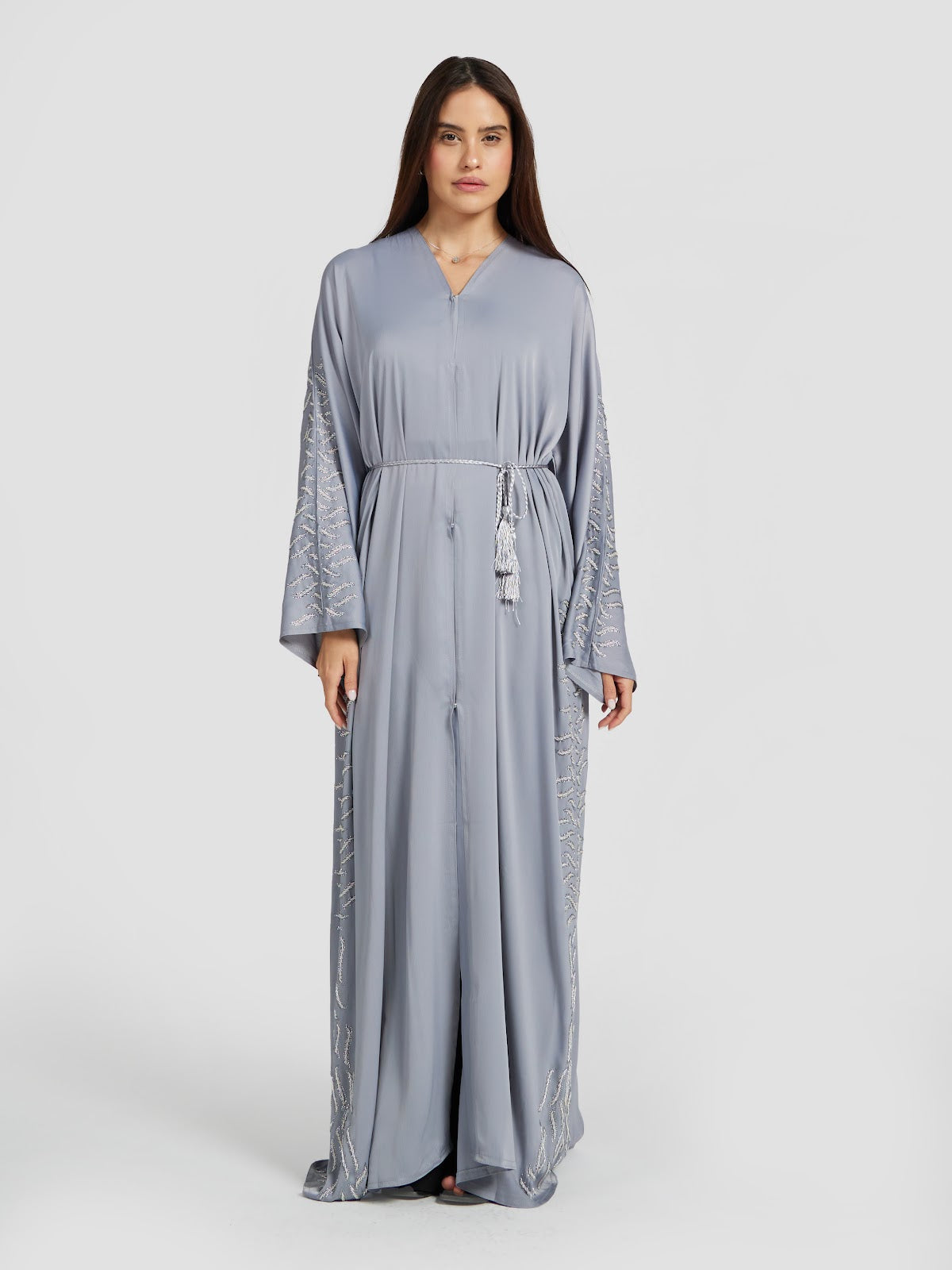 Soft Grey Floral Embroidered Abaya - Modern Modest Kaftan with Tassel Belt