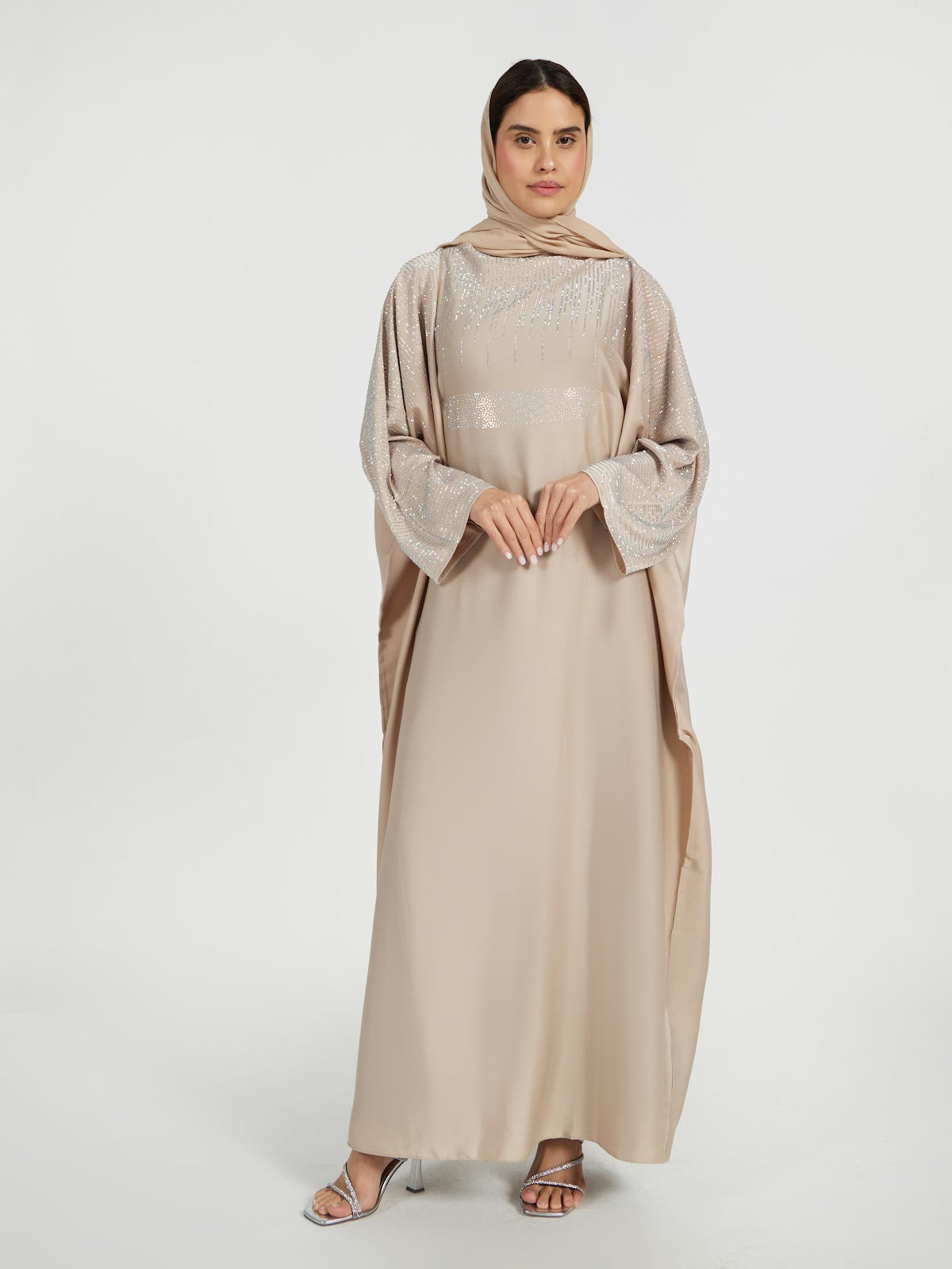 Champagne Luxury Kaftan with Silver Sequin Rain Embellishment