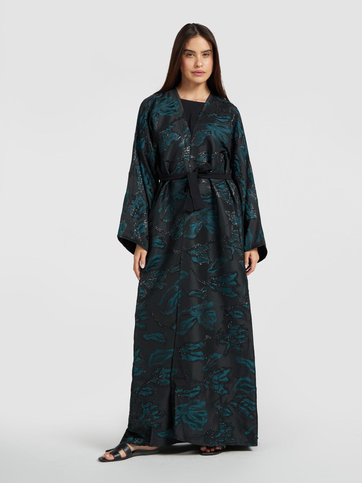Luxury Jacquard Floral Abaya in Emerald Green and Black