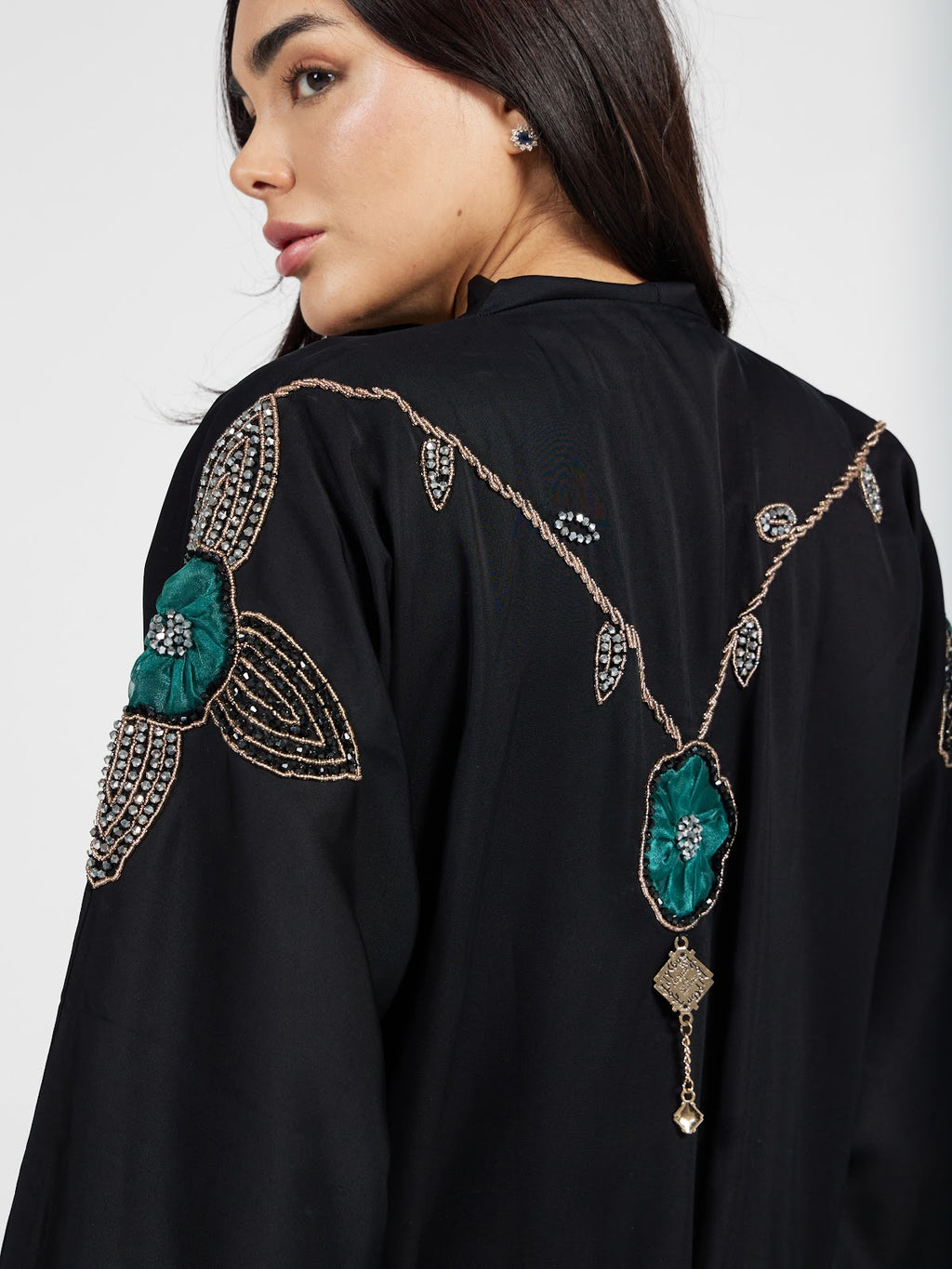 Designer Black Abaya with Emerald Green Crystal Shoulder Appliqué