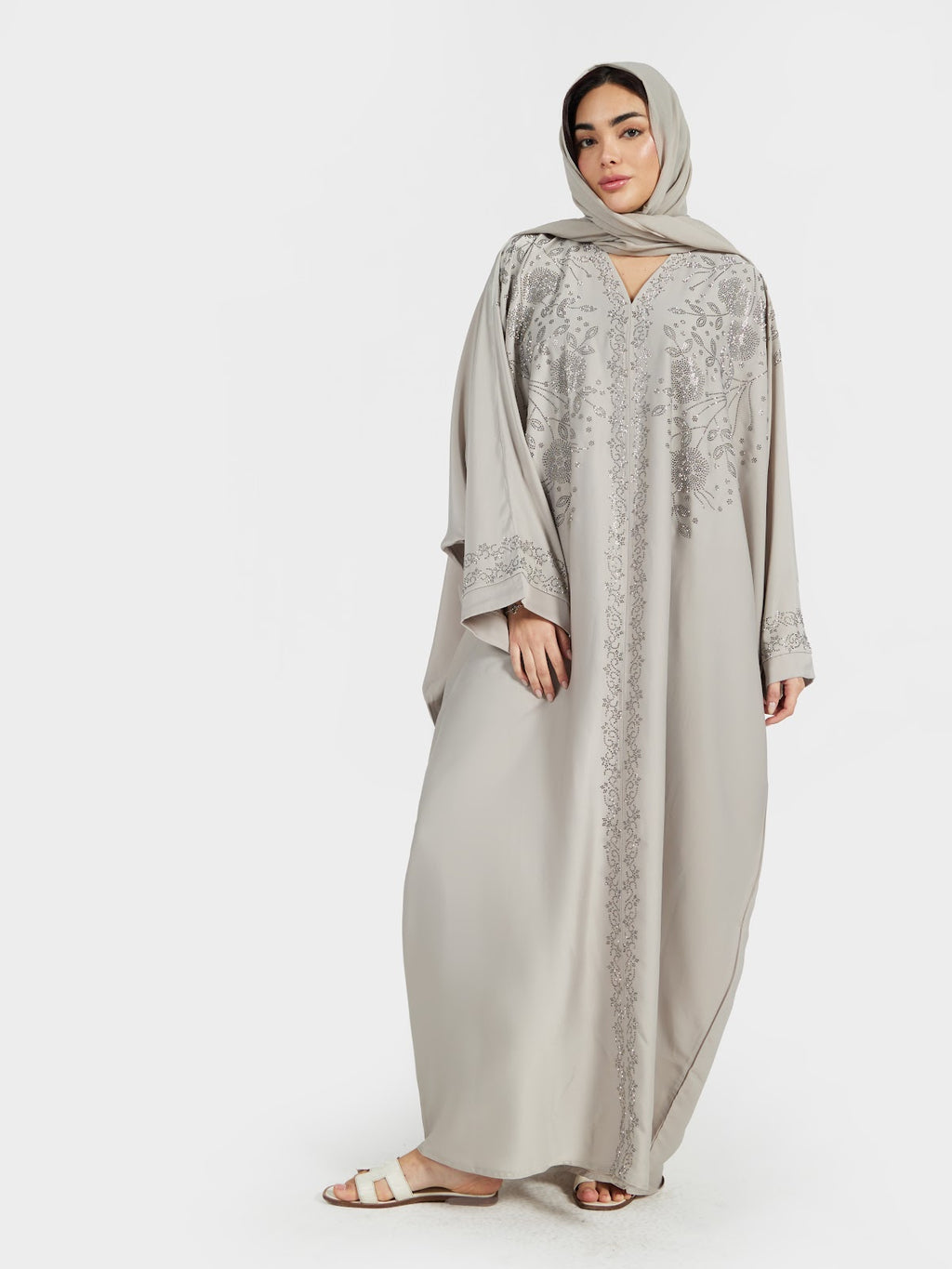 Elegant Light Grey Floral Embroidered V-Neck Abaya for Women