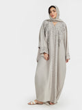 Elegant Light Grey Floral Embroidered V-Neck Abaya for Women