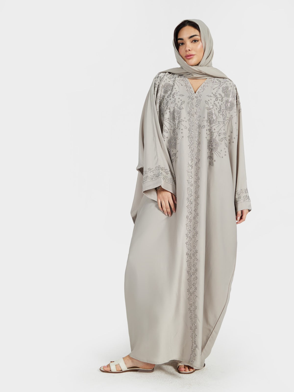 Elegant Light Grey Floral Embroidered V-Neck Abaya for Women