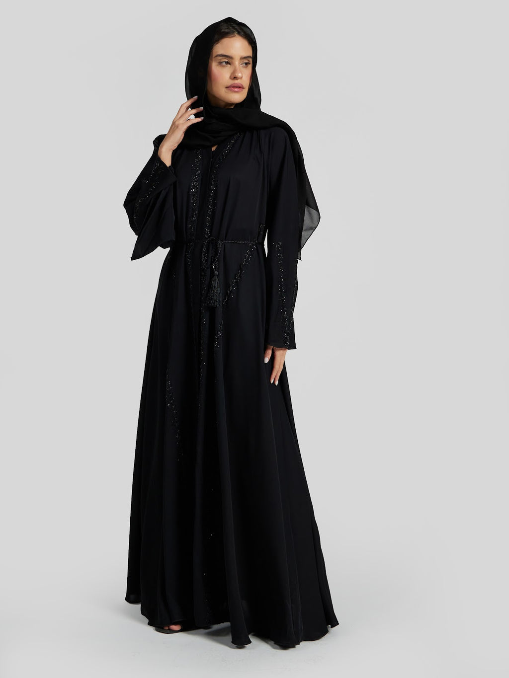 Elegant Black Beaded Abaya with Tassel Waist Belt