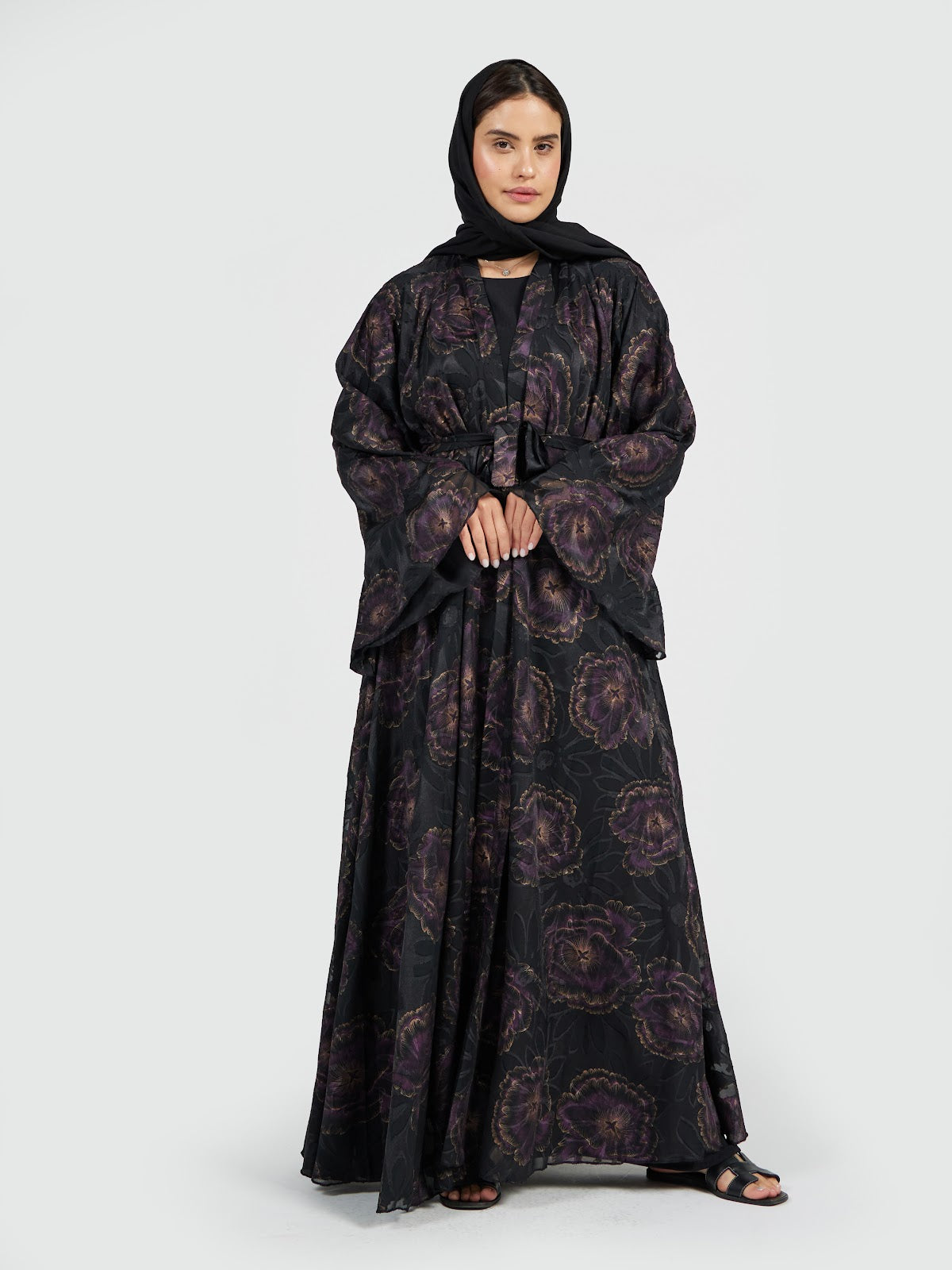 Women’s Floral Brocade Organza Abaya - Black & Purple Luxury Evening Kaftan