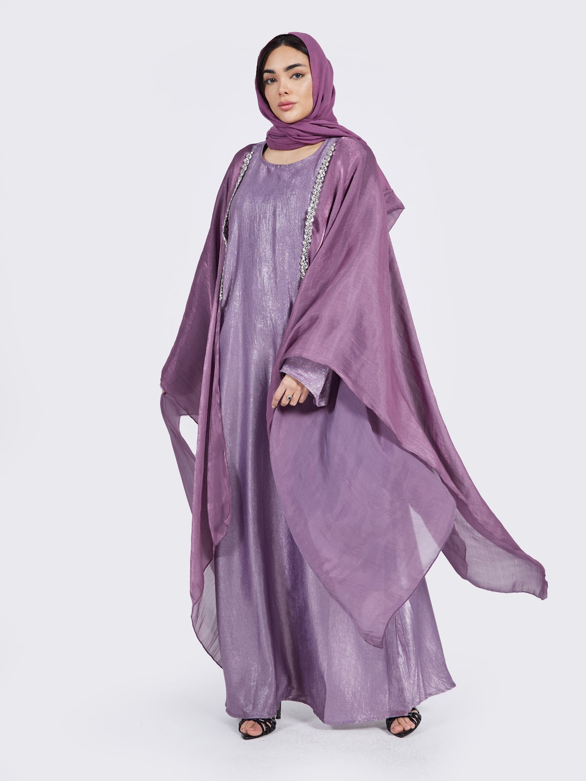 Shimmer Silk Two-Piece Abaya Set with Crystal Trim