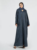 Slate Blue Tonal Jacquard Abaya - Textured Modest Maxi Dress