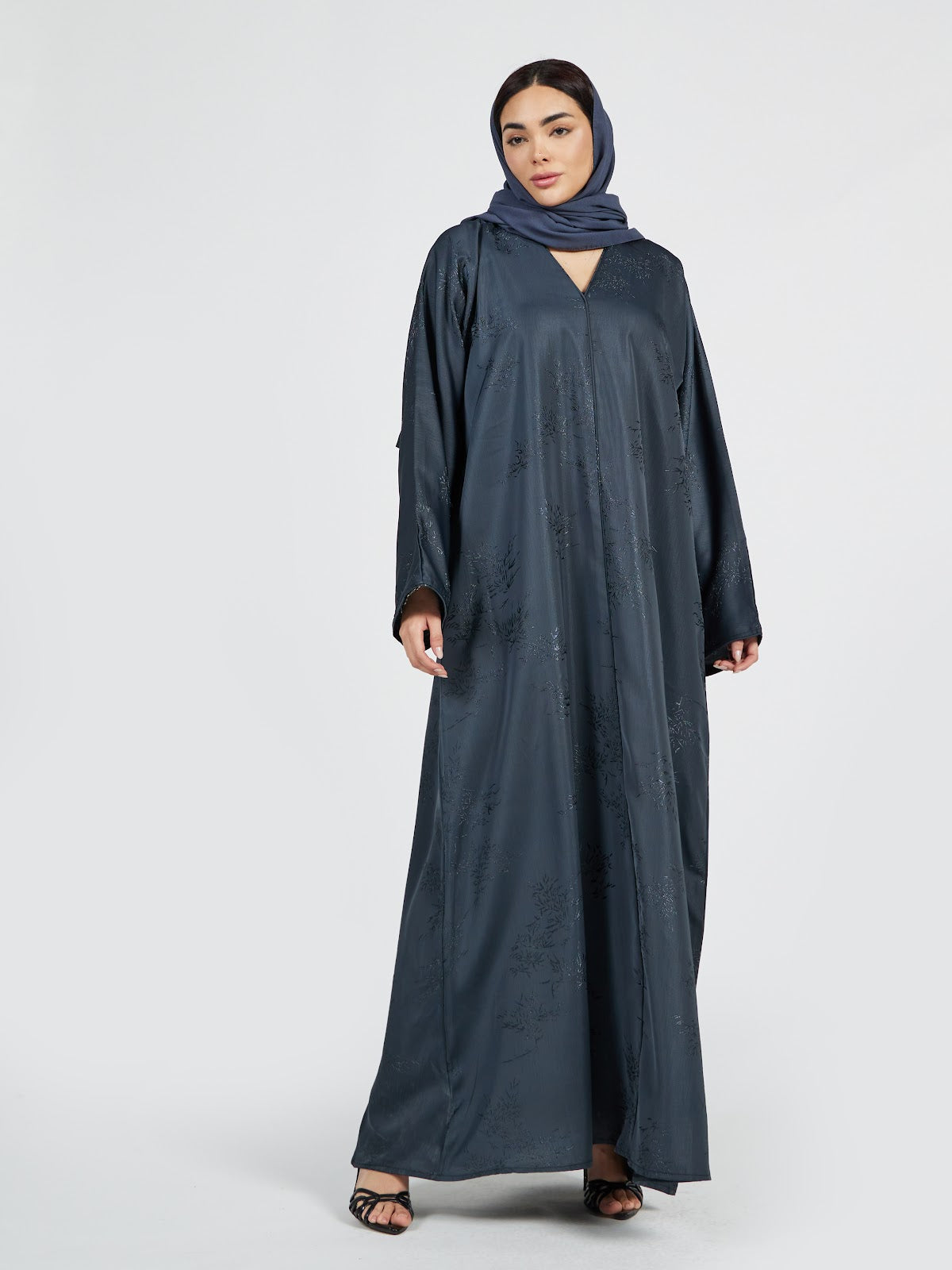 Slate Blue Tonal Jacquard Abaya - Textured Modest Maxi Dress