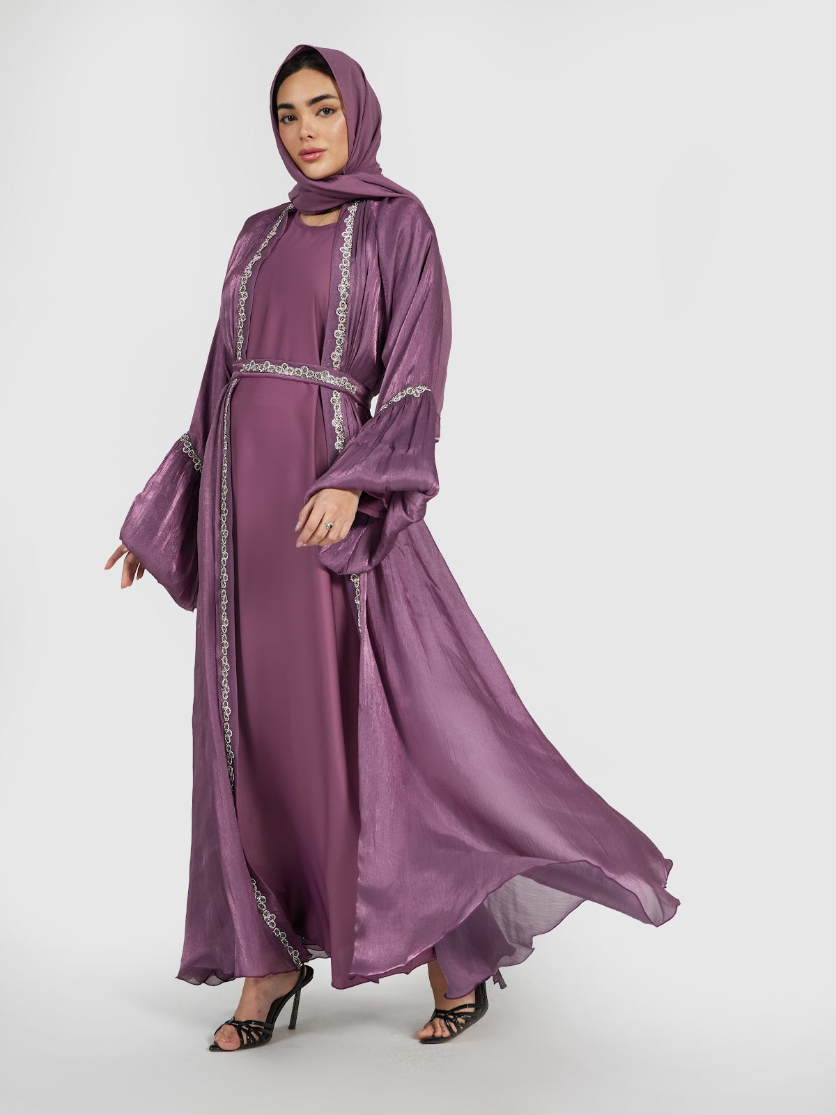 Shimmer Chiffon Bell-Sleeve Abaya Set with Silver Beaded Trim