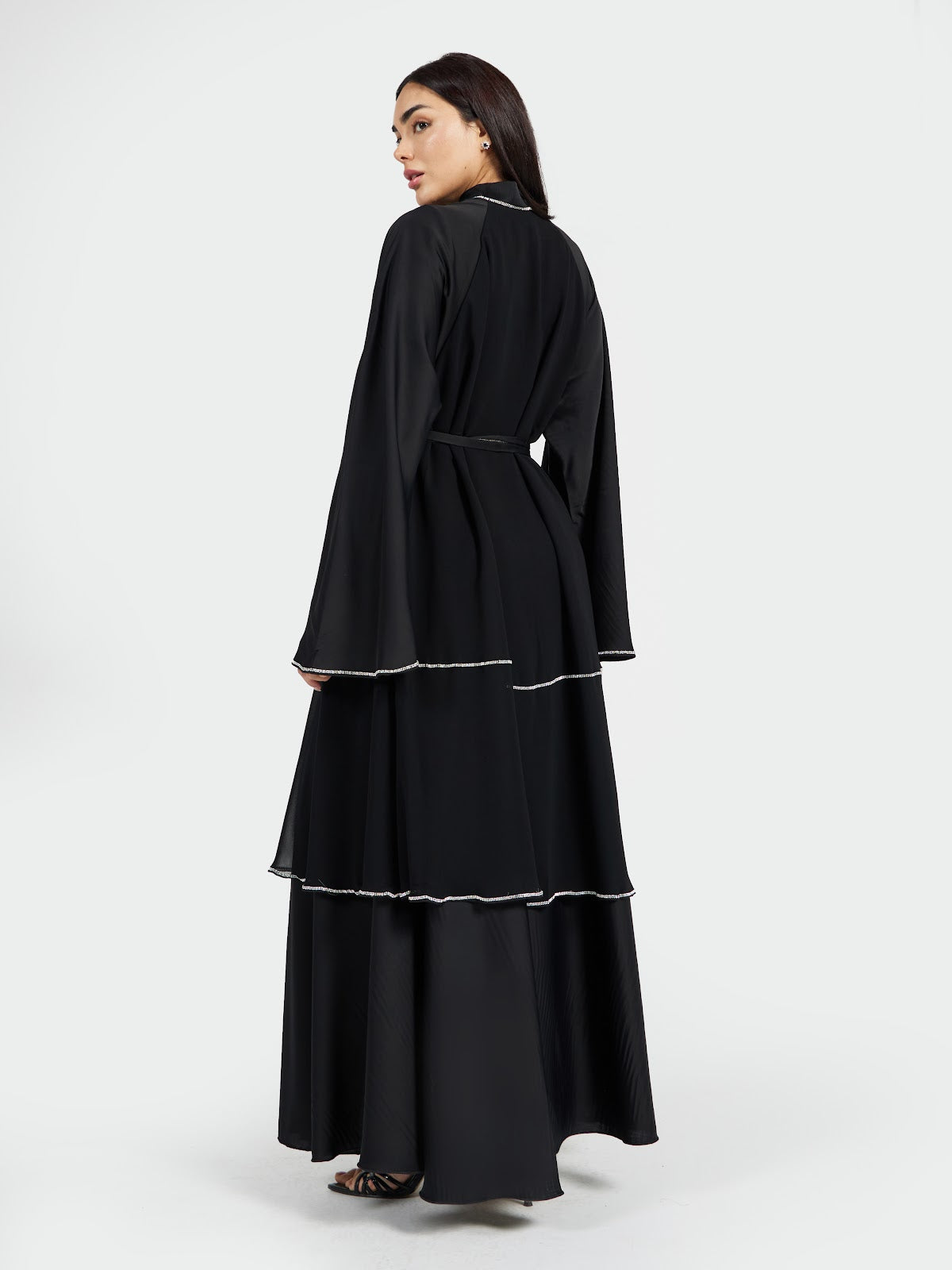 Black Multi-Tiered Abaya with Silver Accents