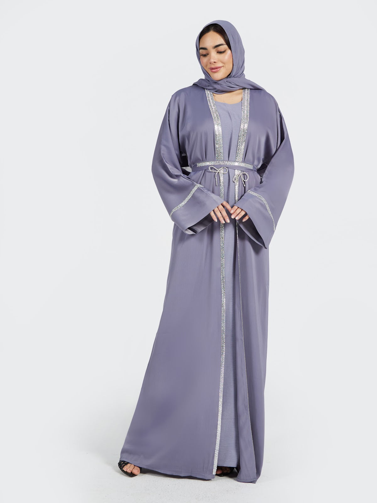 Dusty Lilac Crystal-Trimmed Abaya Set