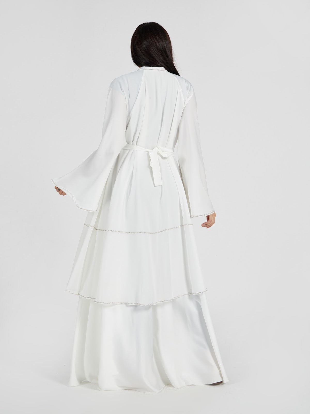 Pure White Tiered Abaya with Silver Trim