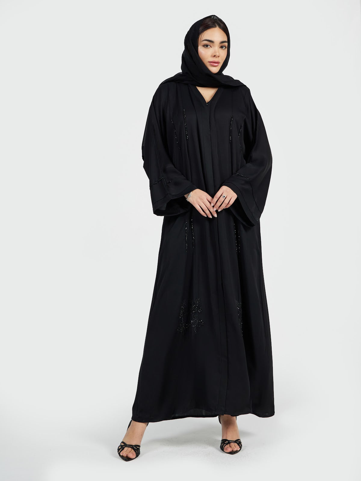 Black Kimono Abaya with Sequined Floral Accents