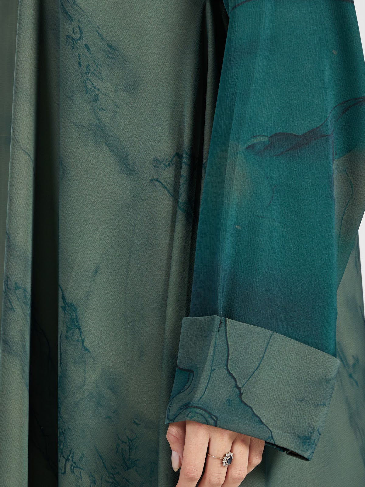 Forest Green Marble Print Flowing Abaya - Designer Modest Wear