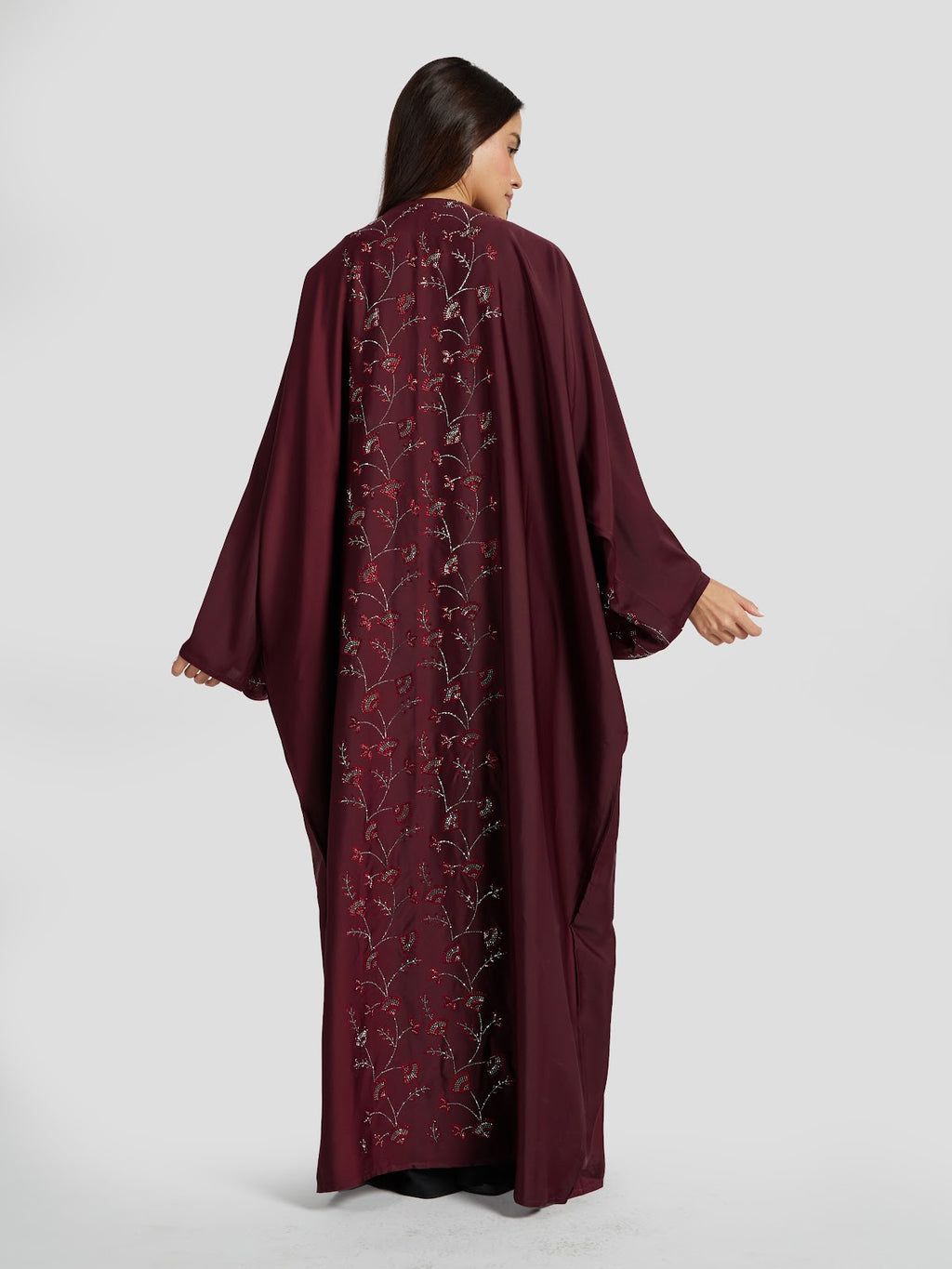 Deep Maroon Embroidered Kaftan Abaya with Silver Stones