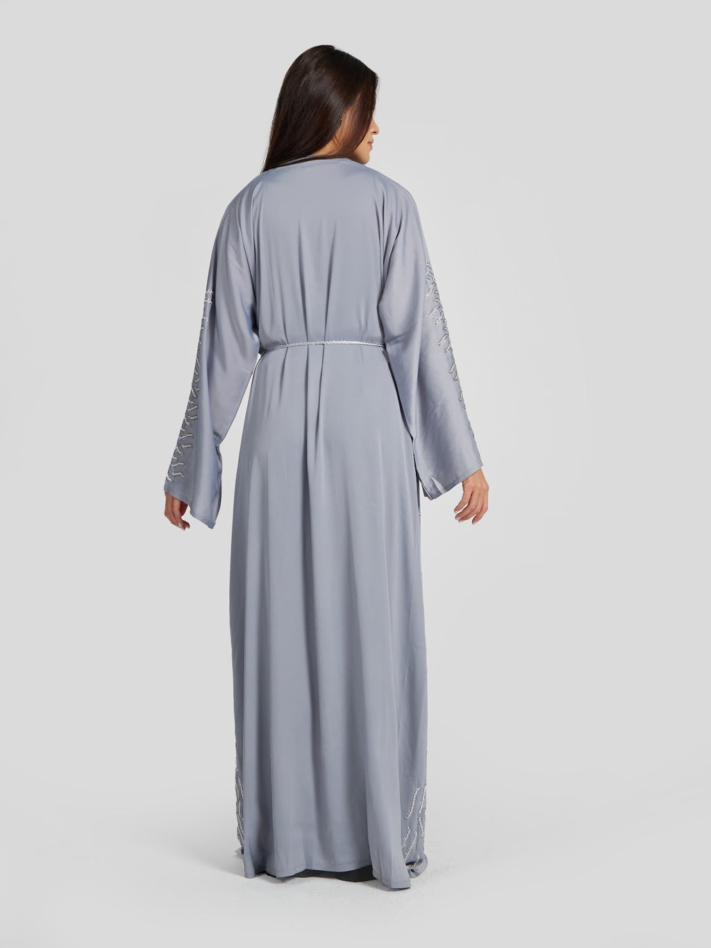 Soft Grey Floral Embroidered Abaya - Modern Modest Kaftan with Tassel Belt