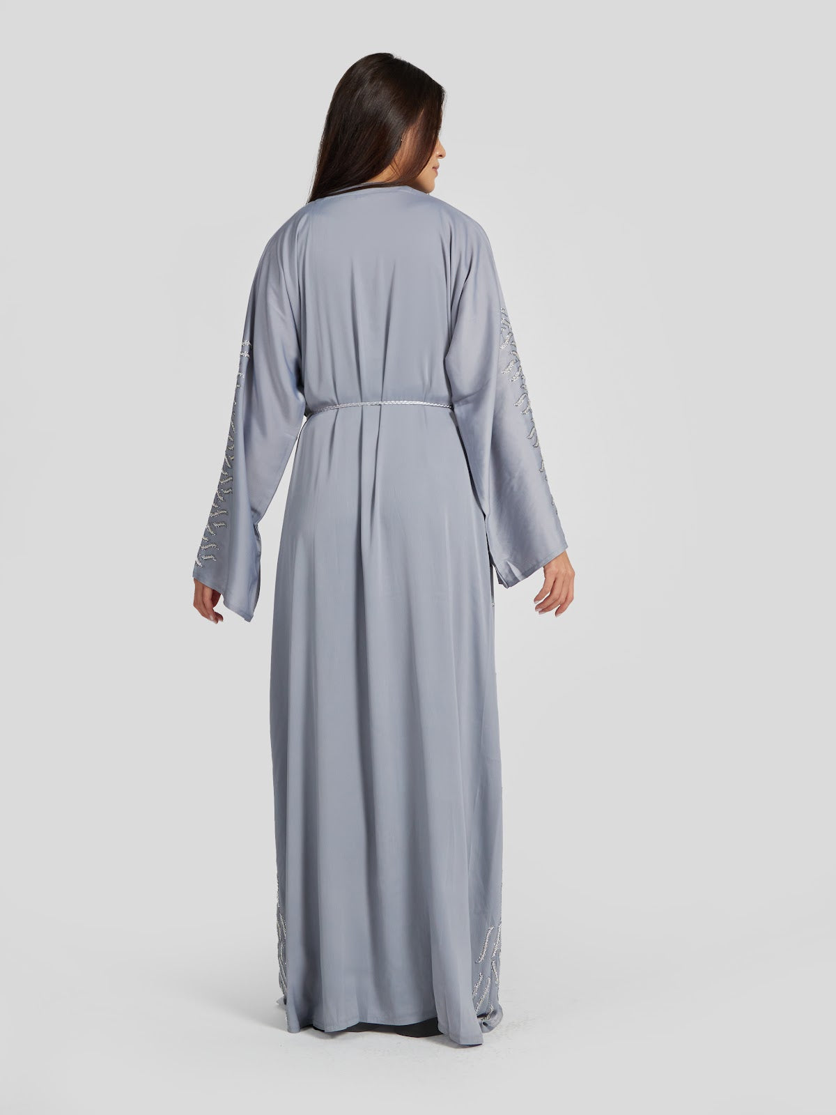 Soft Grey Floral Embroidered Abaya - Modern Modest Kaftan with Tassel Belt