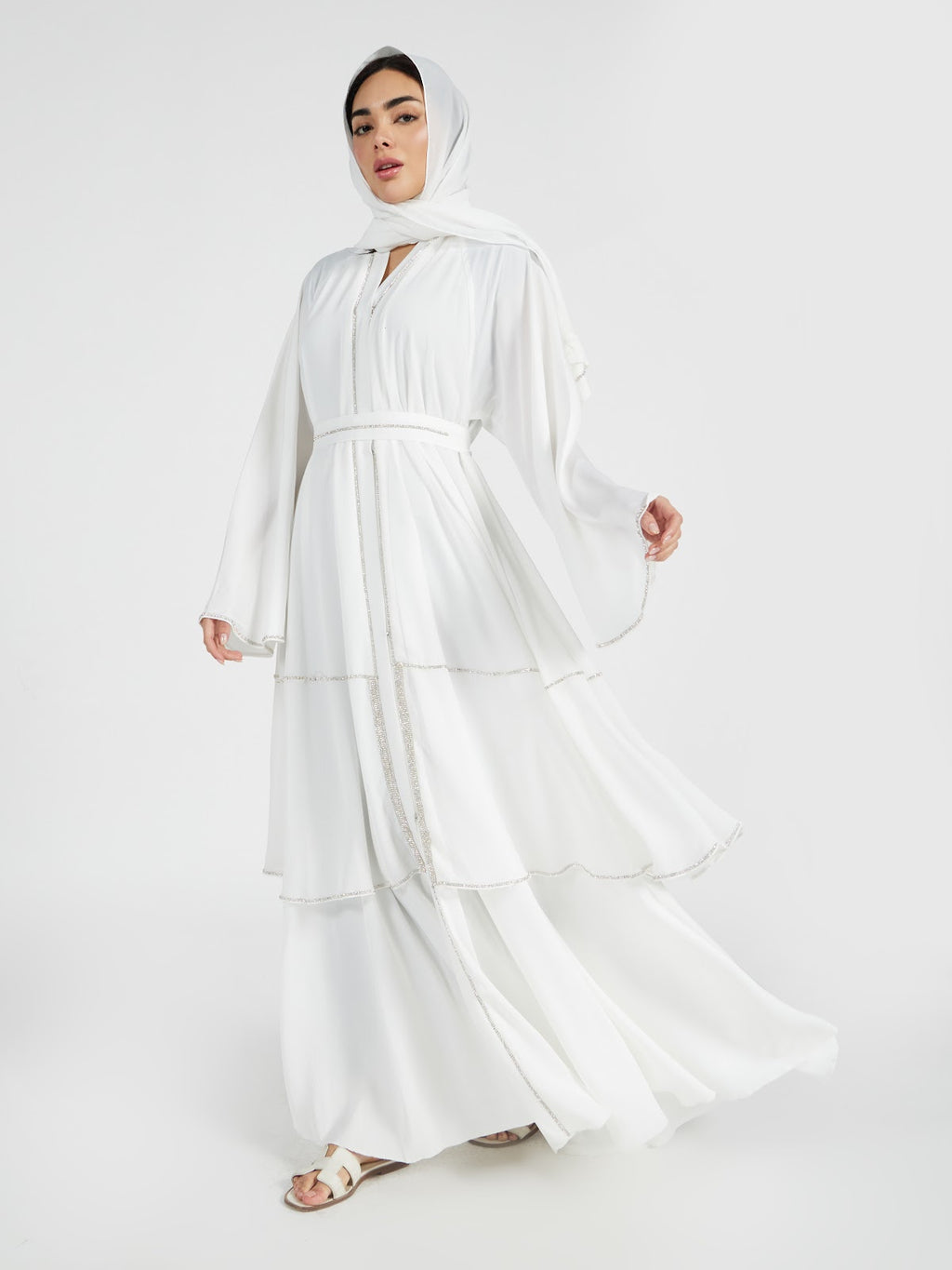 Pure White Tiered Abaya with Silver Trim